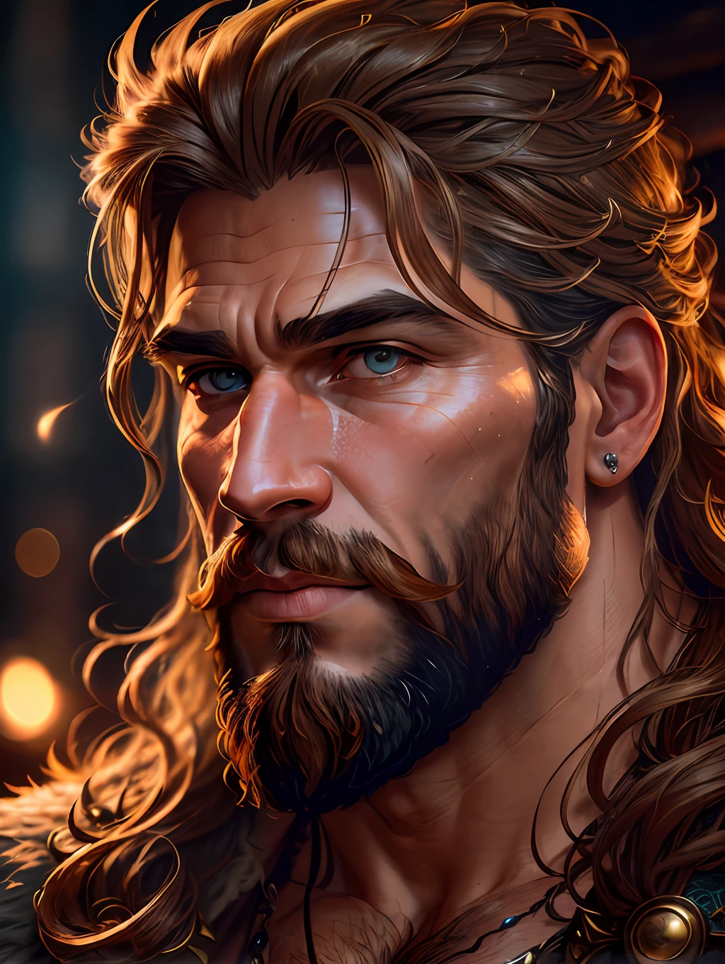 A very rustic handsome and attractive middle age man, full focus, tiltshift, ethereal, cinematic, shimmering lights, vikings, god, mythological king, grotesque, fierce, tumblr contest winner, hurufiyya, renaissance painting, very strong and masculine, movie still, cinematic lighting. photograph, detailed symmetric realistic face, extremely detailed natural texture, peach fuzz, long hair, masterpiece, absurdres, nikon d850 film stock photograph, kodak portra 400 camera f1.6 lens, extremely detailed, amazing, fine detail, hyper realistic lifelike texture, dramatic lighting, unrealengine, trending on artstation, cinestill 800 tungsten, looking at the viewer, photo realistic, RAW photo, TanvirTamim, high quality, highres, sharp focus, extremely detailed, cinematic lighting, 8k uhd,-imagine-