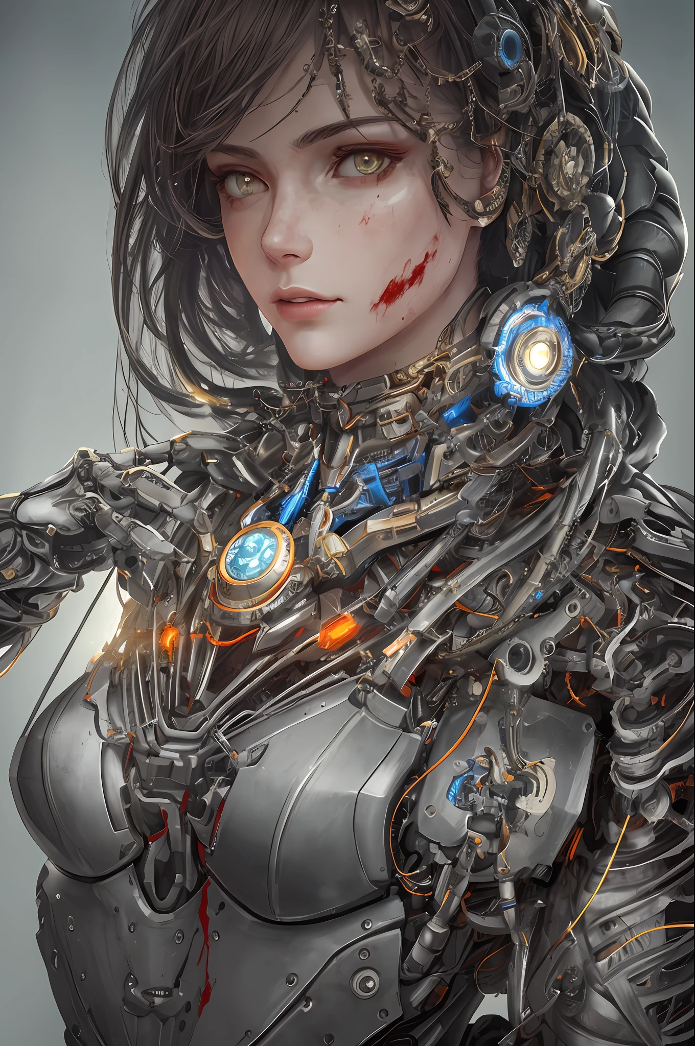 1mechanical girl,((ultra realistic details)), portrait, detailed face,global illumination, shadows, octane render, 8k, ultra sharp,metal,intricate,  ornaments detailed, cold colors, egypician detail, highly intricate details, realistic light, trending on cgsociety, glowing eyes, facing camera, neon details, machanical limbs,blood vessels connected to tubes,mechanical cervial attaching to neck,wires and cables connecting to head,blood,killing machine