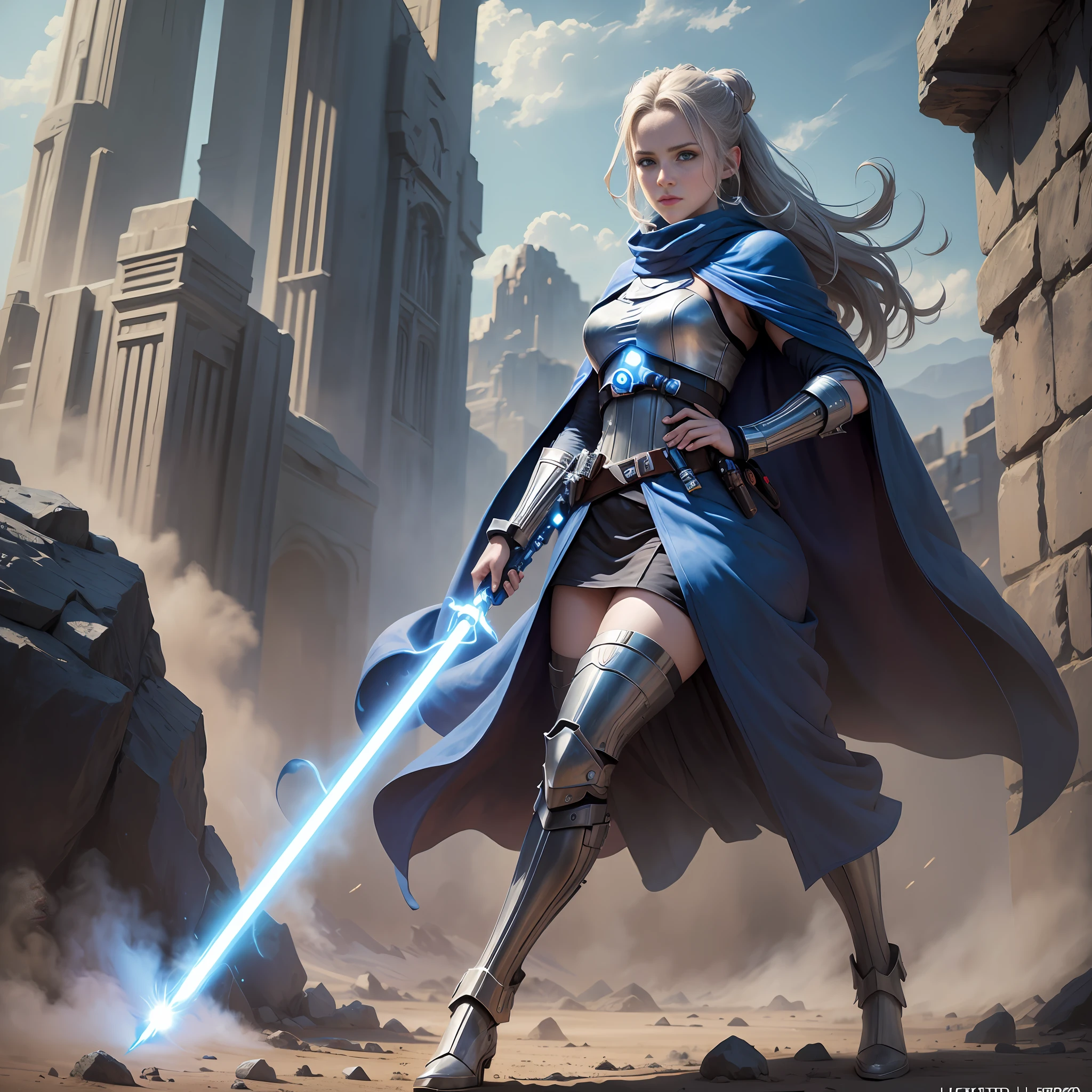 ((full body shot, Top Quality, 8k, Masterpiece: 1.3)), a female jedi, wearing cape, blue lightsaber, in a battlefield, medieval,