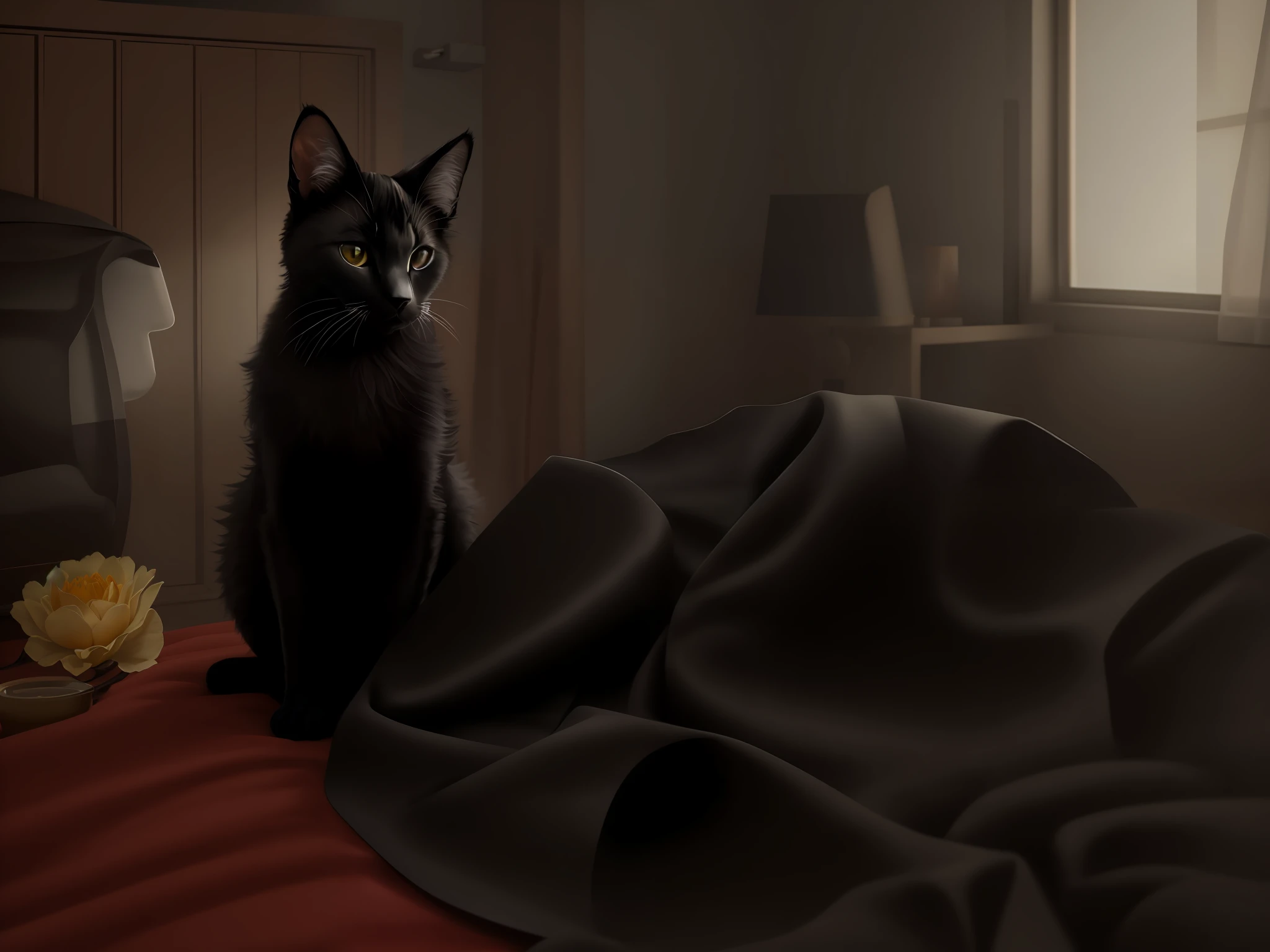 A black cat sitting on a bed, (8k, RAW photo, best quality, masterpiece:1.2), ultra detailed, official art, photo-realistic:1.37, upper body shot, film grain, action pose