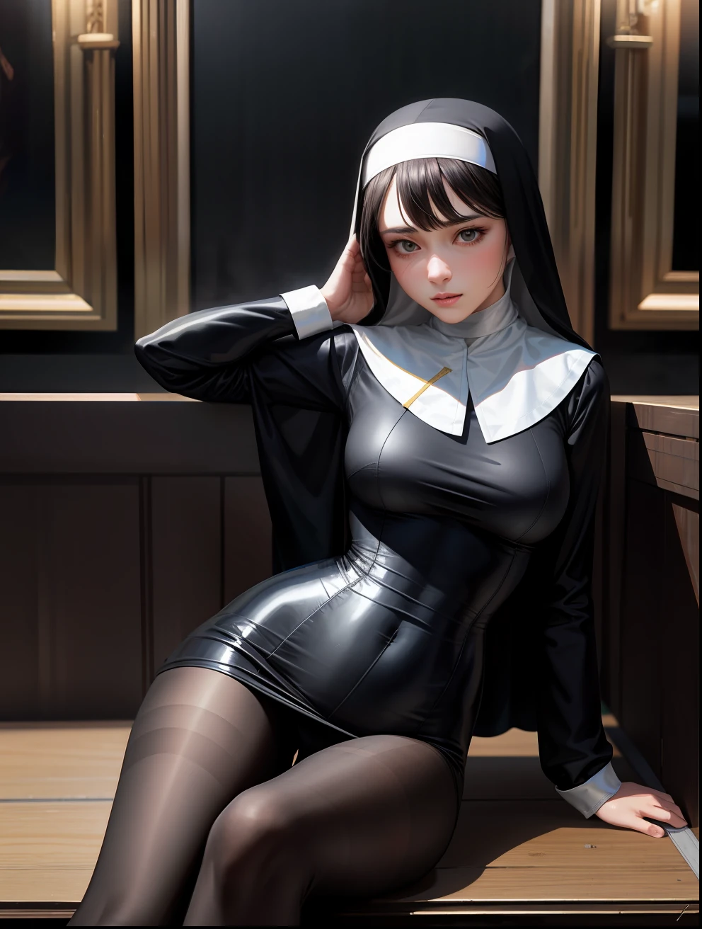 realistic, 1girl, nun, praying, gorgeous body, pantyhose, dynamic angle, 8K FHD, sitting, legs open, can dynamic