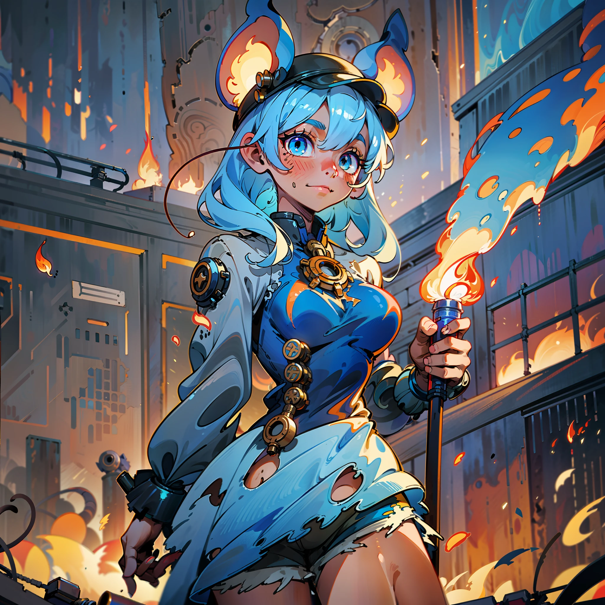 dark skin, rat ears, solo, happy look, excited look, closed mouth, calm look, large breasts, holding torch with rainbow flames, 1girl, dark skin, adult, tall, standing, white eyes, bright eyes, silly clothes, nonsense shorts, silly cap, blue mouse ears, blue mouse tail, blue hair, high detail, metallic claws, battered clothes,  medium bust, burnt dress, scratched dress, burnt clothes, blue mouse ears, fire in the background, whole body, burnt mechanical wires around the body, segmented body, android, arson in the background, destroyed factory in the background, black eyes, burnt wires around