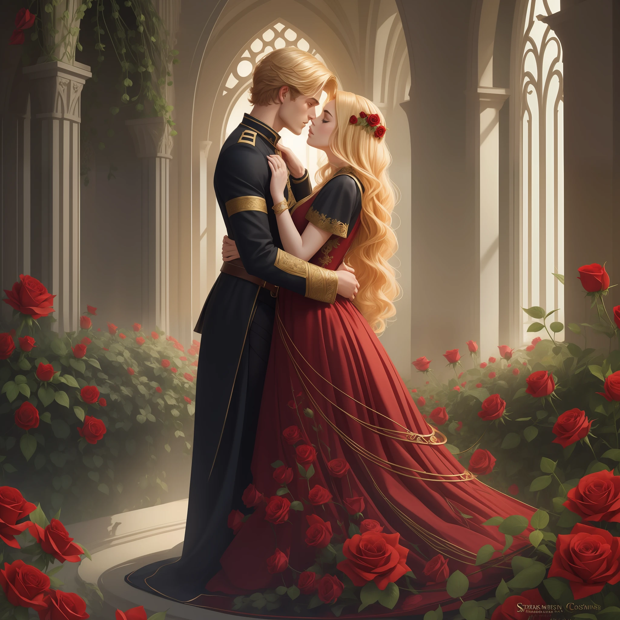 Couple kisses with great affection, Neels Visser is a prince who has golden blonde hair, wears a medieval military outfit and is in love with commoner Lily Collins, who has curly charcoal black hair and wears a red dress, illustration of a romance book cover with a detailed, smooth, shiny background full of flowers covered in ivy and red roses, ornate dress standing on a bed of roses, rim light, dynamic lighting, ethereal lighting, ultra detail, concept art, elegant, surreal, art by Stjepan Sejic