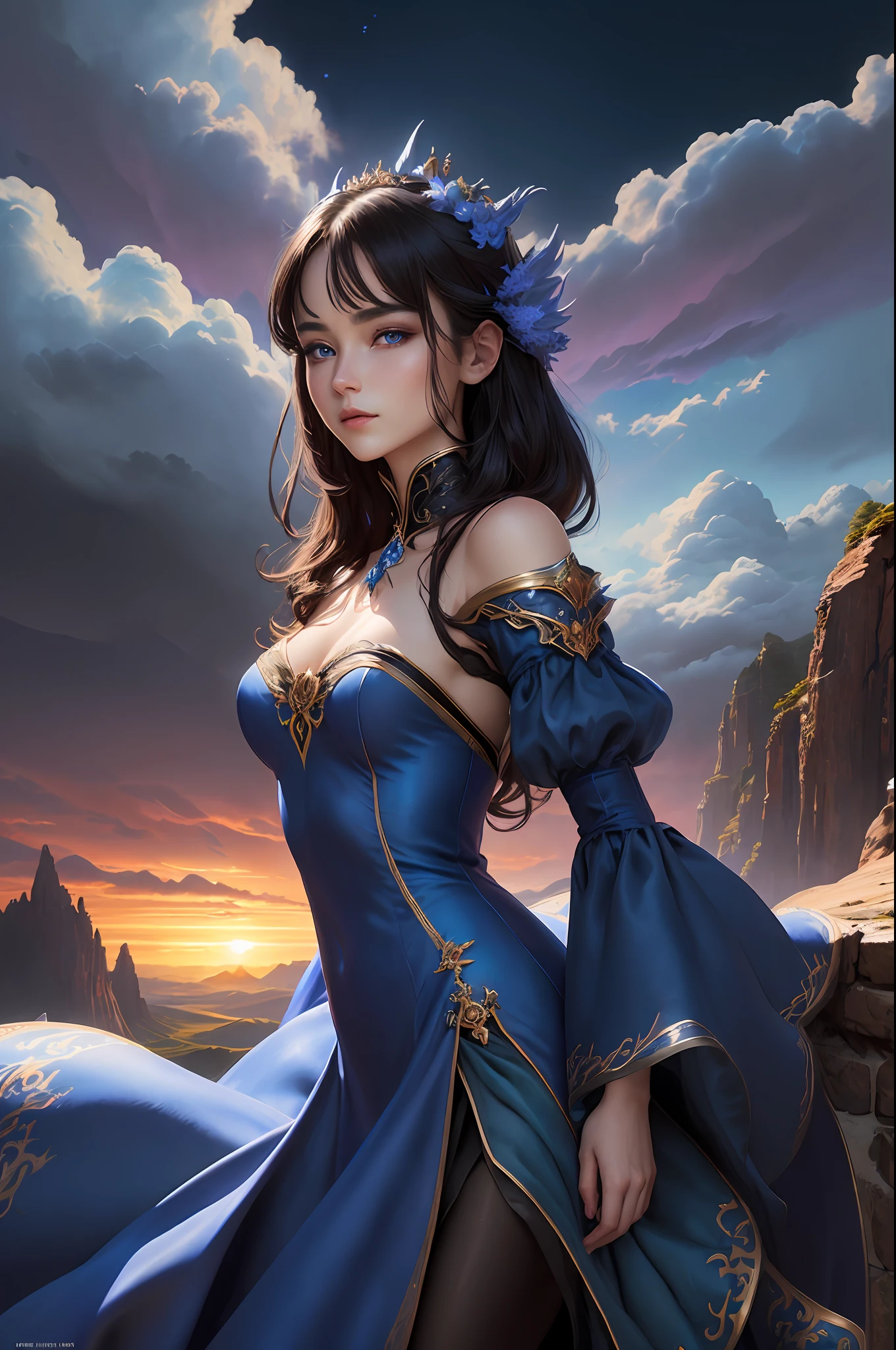 ((best quality)), ((masterpiece)), (detailed), dragon emperatriz, realistic eyes, black hair, blue eyes, small breasts, korean setin dress, evil landscape, ethereal beauty, (fantasy illustration:1.3), charming look, captivating pose, solo girl, supernatural charm, mystical sky, (anime), moonlit night, soft colors, (detailed cloudy landscape:1.3), (high resolution:1.2) (small bluish dragon on girl's shoulder) dress, on a hill, an army passing far away in a gorge below.