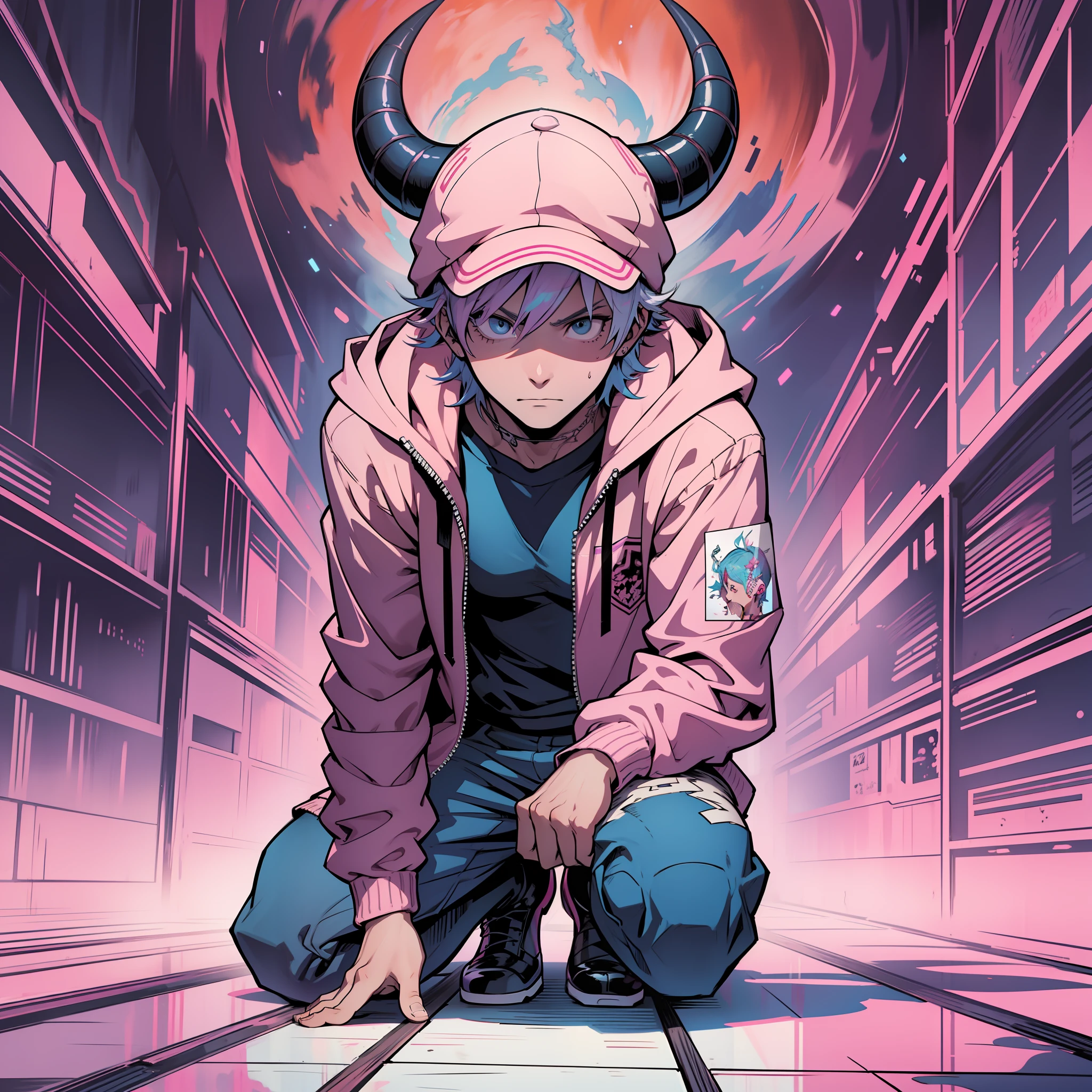 (masterpiece, superior quality, best quality) Unreal Engine 5 .1, male male boy, anime character with pink jacket, pink hat and white horns, crouched, pink iconic character, kentaro miura manga art style, high quality fanart, danganronpa digital art, lowres, demon boy, comic art, Jamie Hewlett inspired art, vibrant fan art, anato finnstark!!, official art, high quality colorful sketch