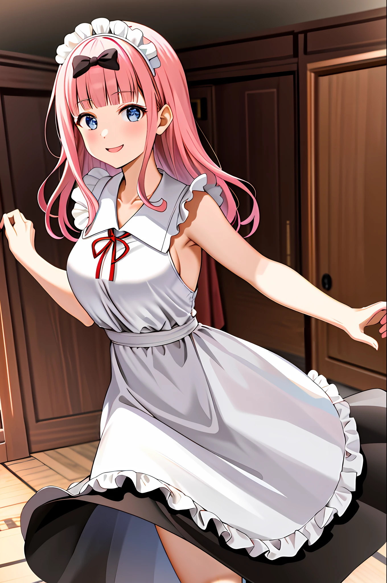 masterpiece, best quality, highres, chika1, fujiwara chika, maid dress, breasts, red ribbon, blunt bangs, neck ribbon, collarbone, collared dress, large breasts, cowboy shot, smile, indoors, sexy pose, breast out, 2 arms, perfect finger, maid, meidofuku,