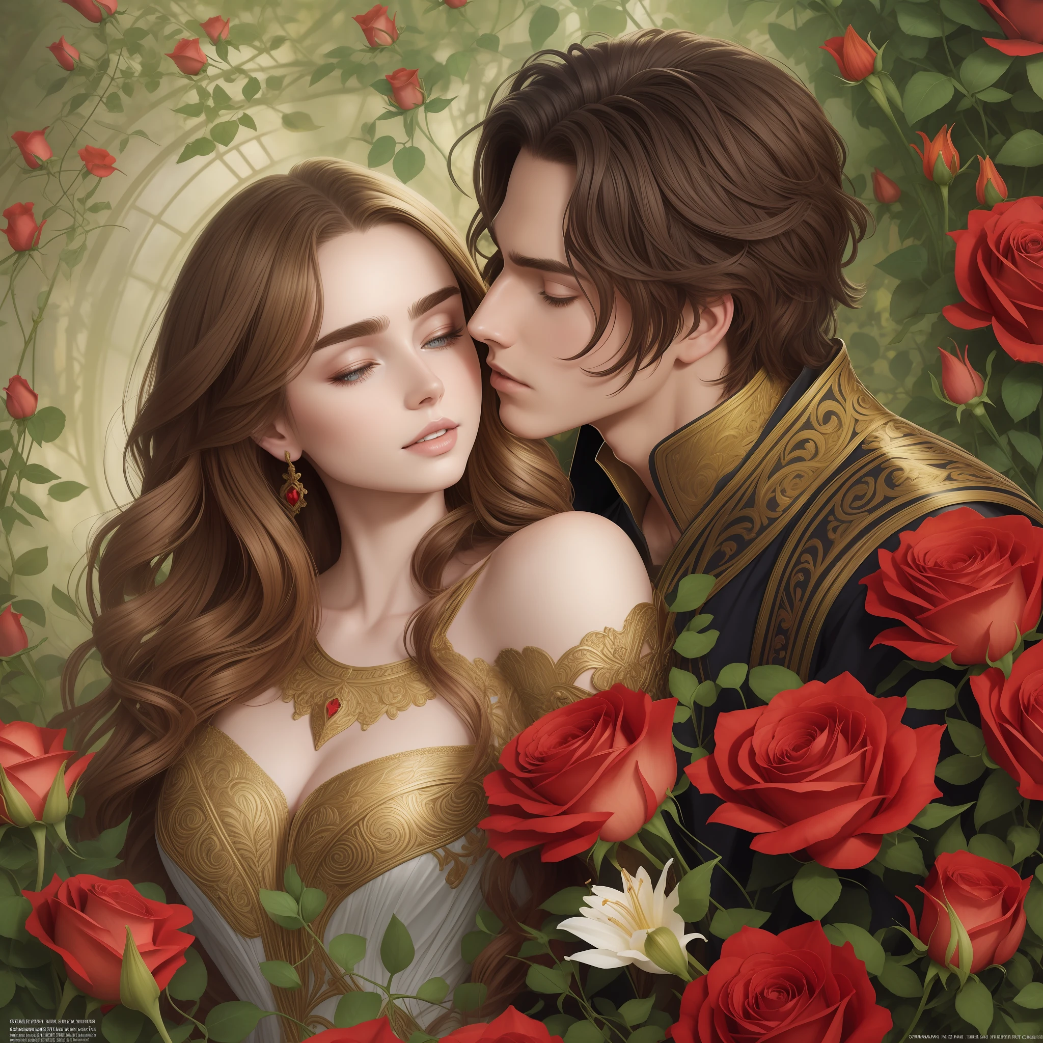 Couple kiss very affectionately, Neels Visser is a prince who has golden blond hair, wears a medieval military outfit and is in love with the commoner Lily Collins, who has curly brunette black hair and wears a red dress, illustration of a romance book cover with a detailed, smooth, bright background filled with flowers covered in ivy and red roses, ornate gown standing in a bed of roses, rim light, dynamic lighting, etherial lighting, ultra detail, concept art, elegant, surreal, art by Lisa Aisato, Greg Hildebrandt, Citemer Liu, Stjepan Sejic, Samyang, Aykut Aydogdu, Justin Gerard, Alphonse Mucha, Artgerm, WLOP