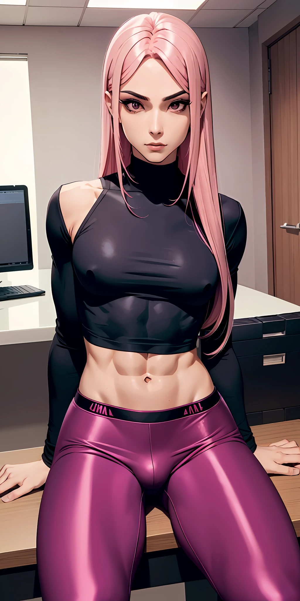 Boy, male, adult, makeup seductive face, seductive look, long pink hair, perfect body, fit body, abdomen, tight top with long sleeve, muscular, small breasts, office pants, bulge, trap, sissy, futanari, open legs, sitting