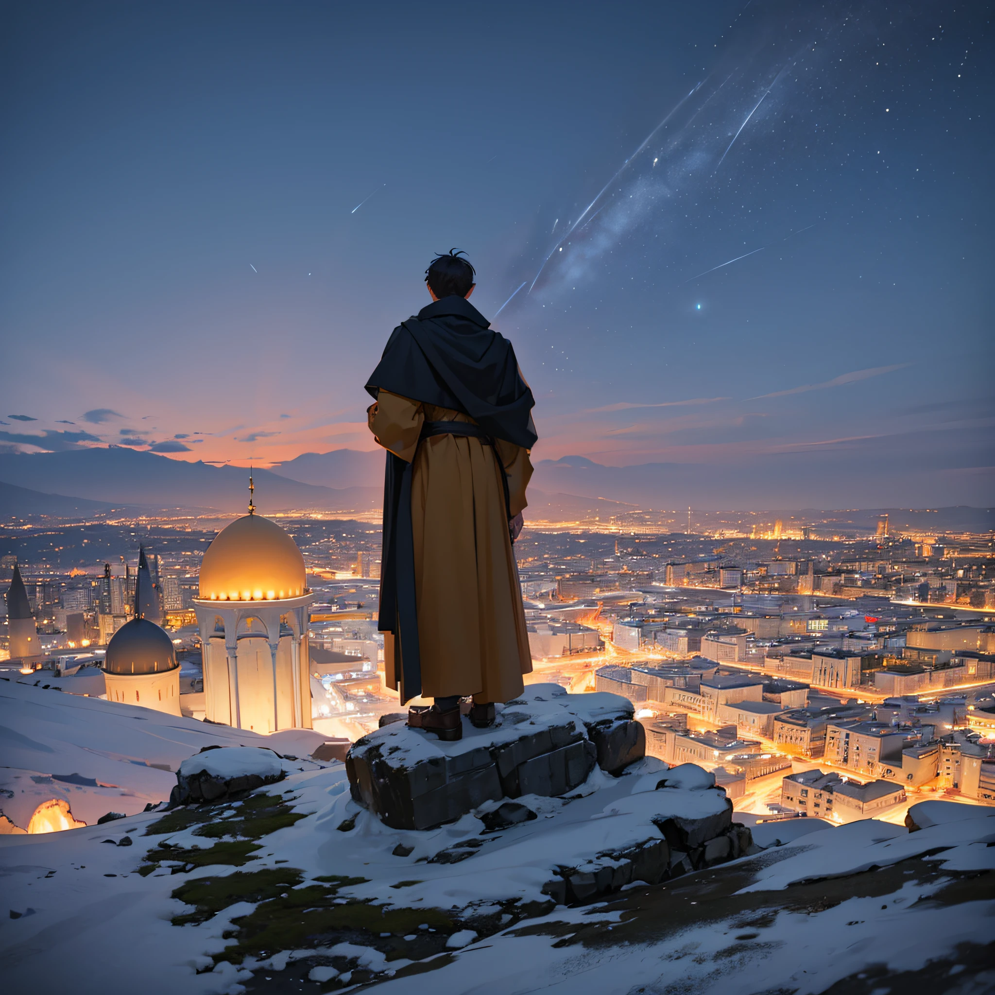 MAN,ON TOP OF A MOUNTAIN,FULL BODY,LOOKING JERUSALEM AT NIGHT,CLOTHING,STYLE SACKCLOTH GOWN
HIGH DEFINITION,REAL,IN 4K --auto --s2