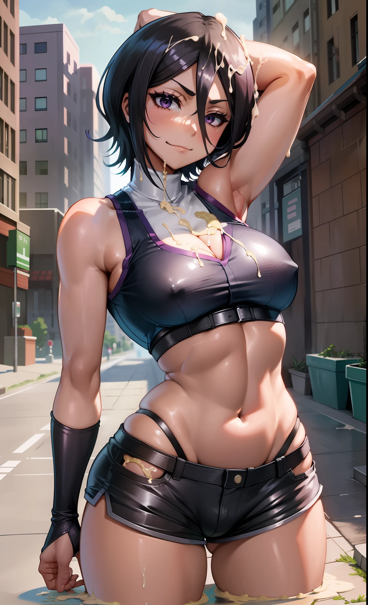 anime screencap, city, 1girl, solo, short hair, black hair, purple eyes, looking at the viewer, hair between eyes, closed mouth, smirk, top, lower chest, sleeveless, short sports shorts, female groin, bare legs, big ass, chubby legs, cum bathed, cum on hair, cum glass cum