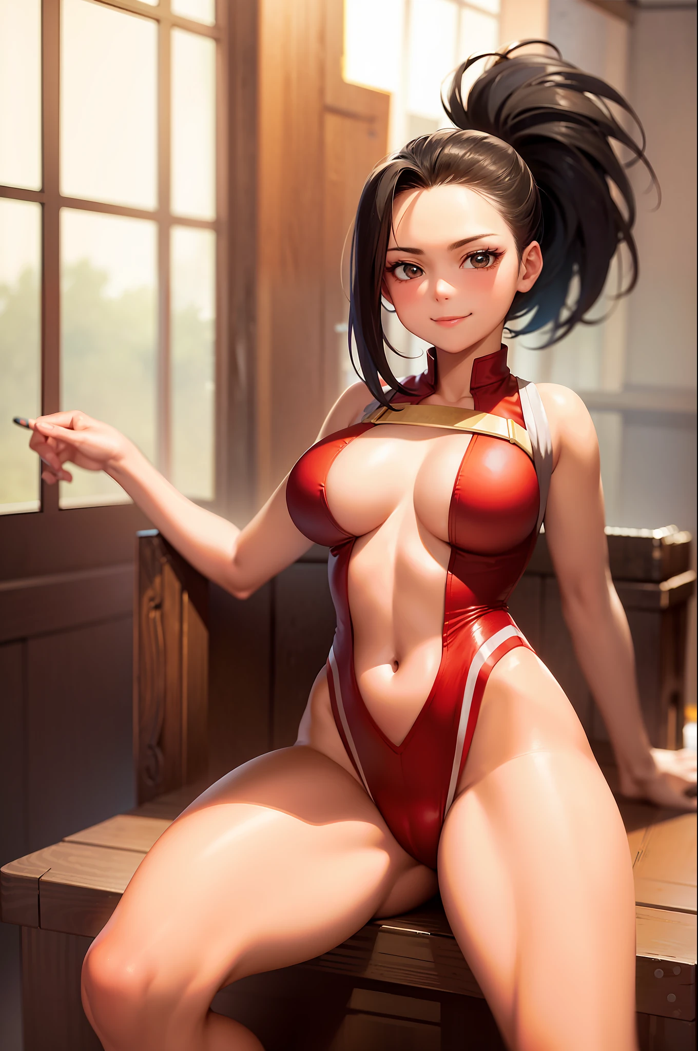 (masterpiece, best quality: 1.2), cowboy shot, solo, 1girl, yaoyorozu momo, smile, closed mouth, looking at the viewer, red leotard, collarbone, cleavage, big breasts, ass, sitting on a throne, spread her legs