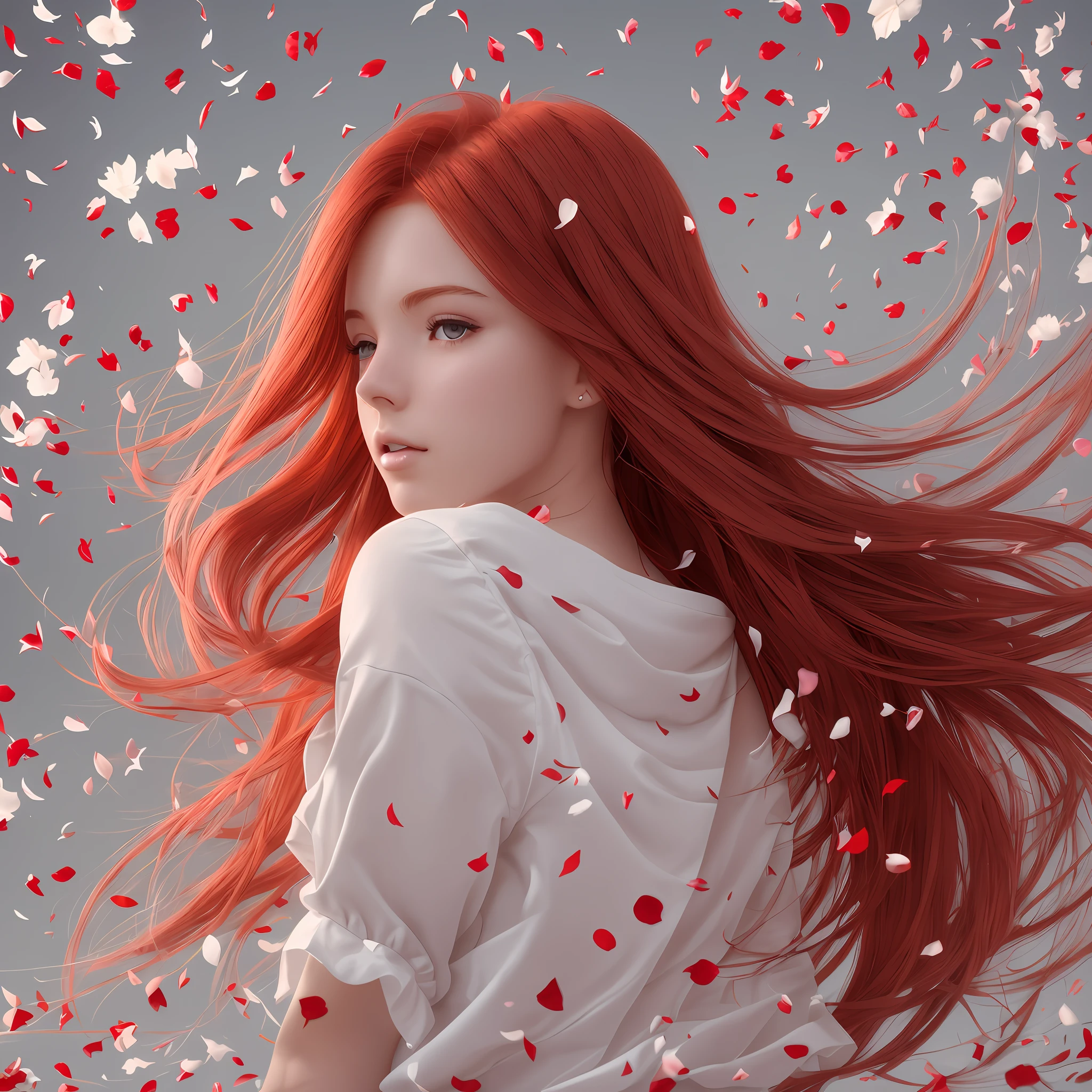 Red-haired girl from the back in frontal superclose, aged between 23 and 25 years old, dressed in white, with brown eyes turned upwards. In a bright, white background scene with red rose petals blowing in the wind, blender cycles, octane rendering, redshift, arnold, v-ray. --ar 2:3 --auto --s2