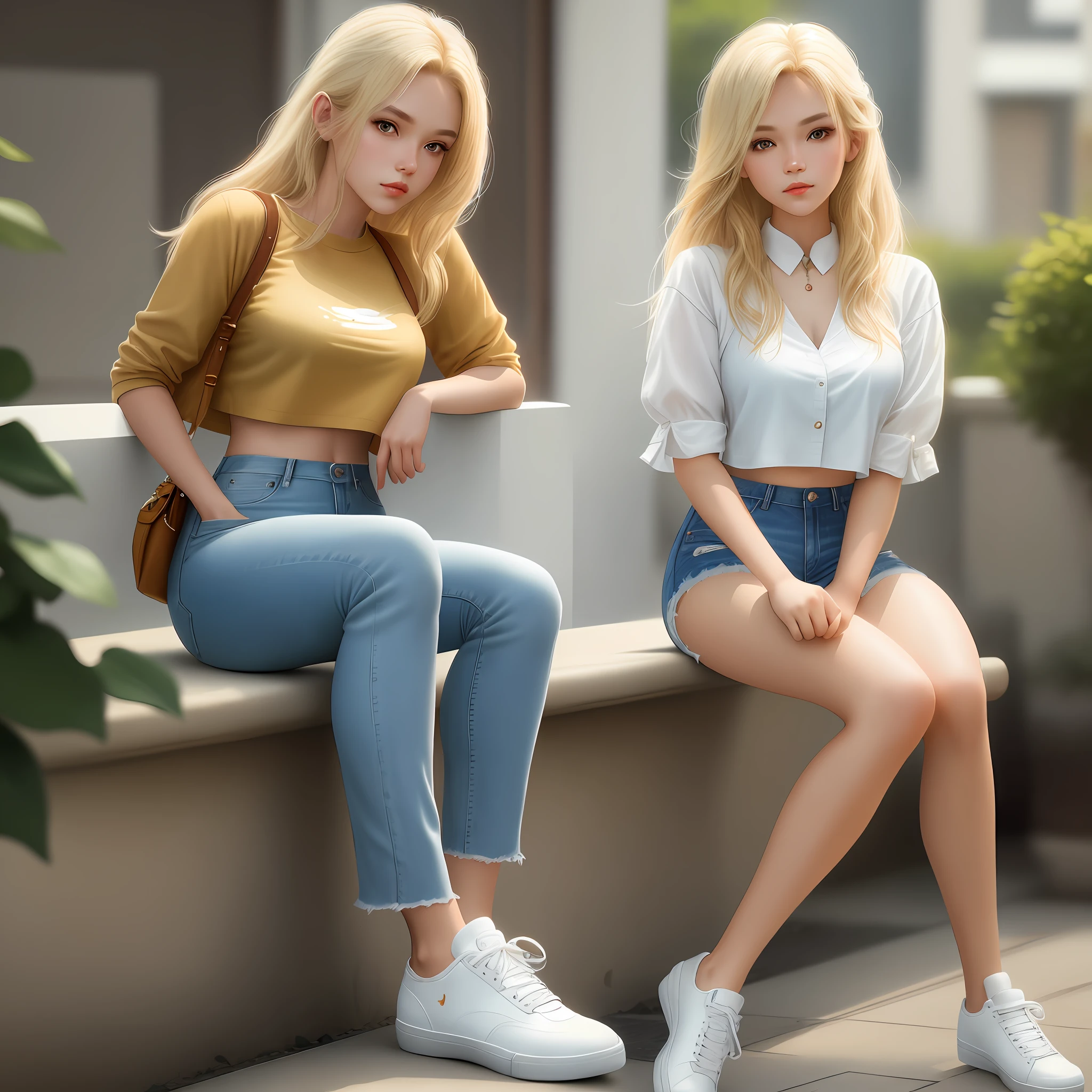 girl looking at camera, blonde hair, reddish lips, light skin, white cropped, jeans, white shoes, attractive, flirting, sitting, masterpiece, ultra detailed, by kan Liu, Guilherme Freitas, 8k