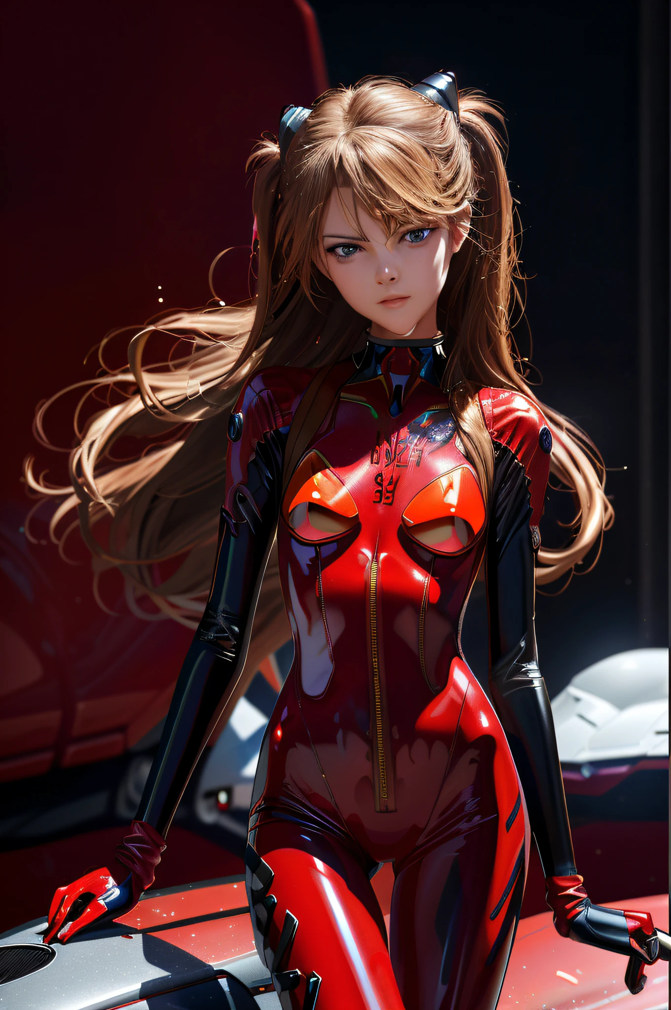 there is a woman in a red latex suit posing on a car, wlop glossy skin, photorealistic anime girl render, karol bak uhd, beautiful asuka from evangelion, cgsociety masterpiece, portrait of asuka langley soryu, highly detailed character, 3 d render character art 8 k, perfect android girl, asuka langley soryu, anime highly detailed