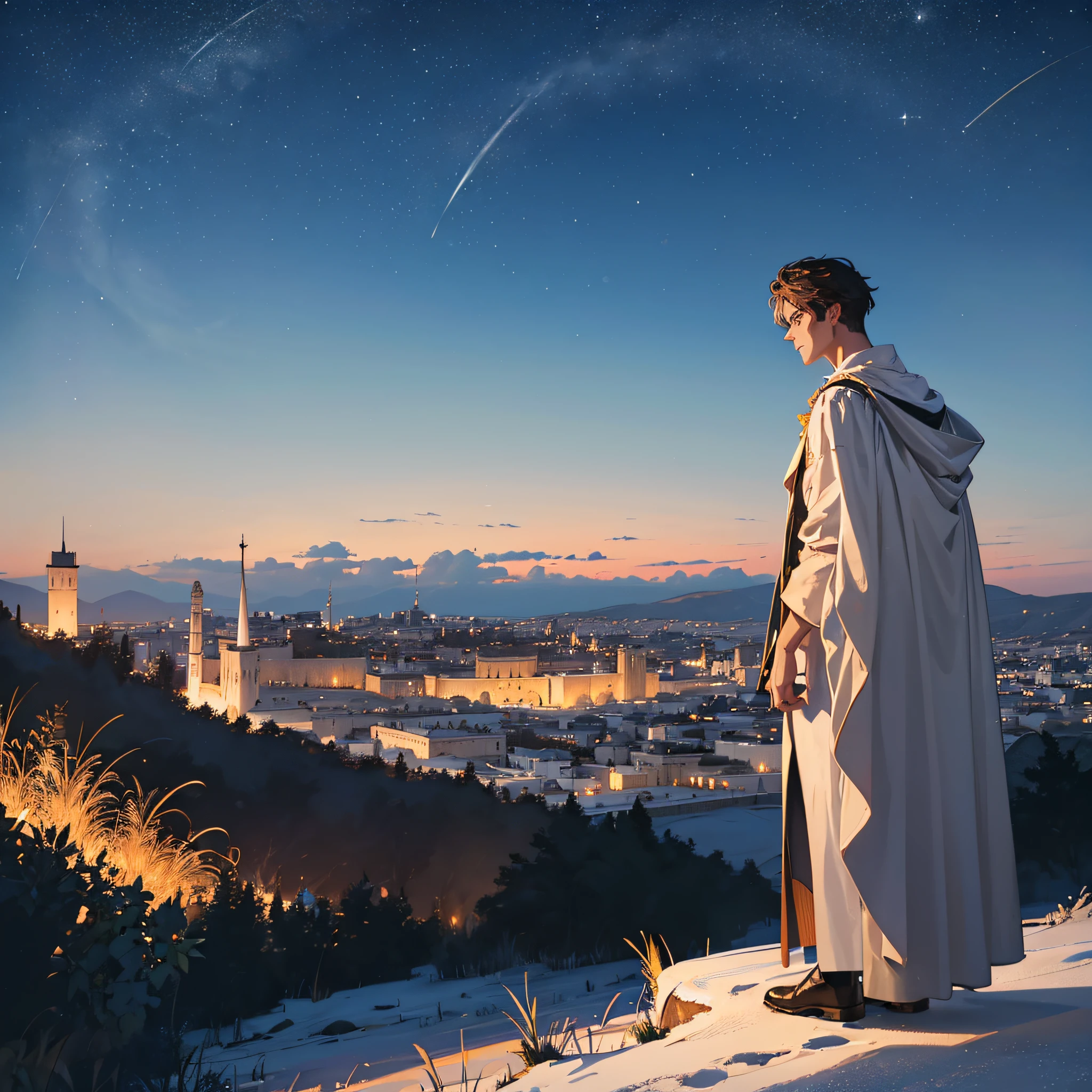 MAN,ON TOP OF A MOUNTAIN,FULL BODY,LOOKING JERUSALEM AT NIGHT,CLOTHING,STYLE SACKCLOTH GOWN
HIGH DEFINITION,REAL,IN 4K --auto --s2