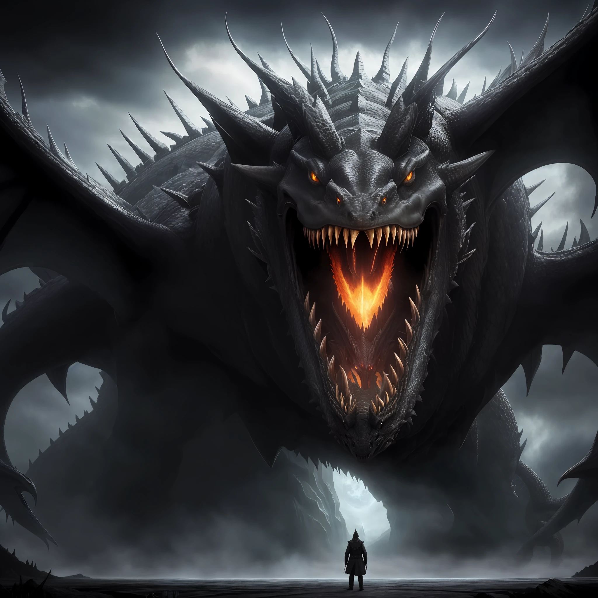 a close up of a person standing in front of a giant monster, an ominous fantasy illustration, black dragon, alduin, dragon in the background, symmetrical epic fantasy art, a majestic gothic dragon, drogon, the devil in hell as a dragon, epic fantasy artwork, epic dragon, epic fantasy digital art, colossal dragon in background, 4k fantasy art