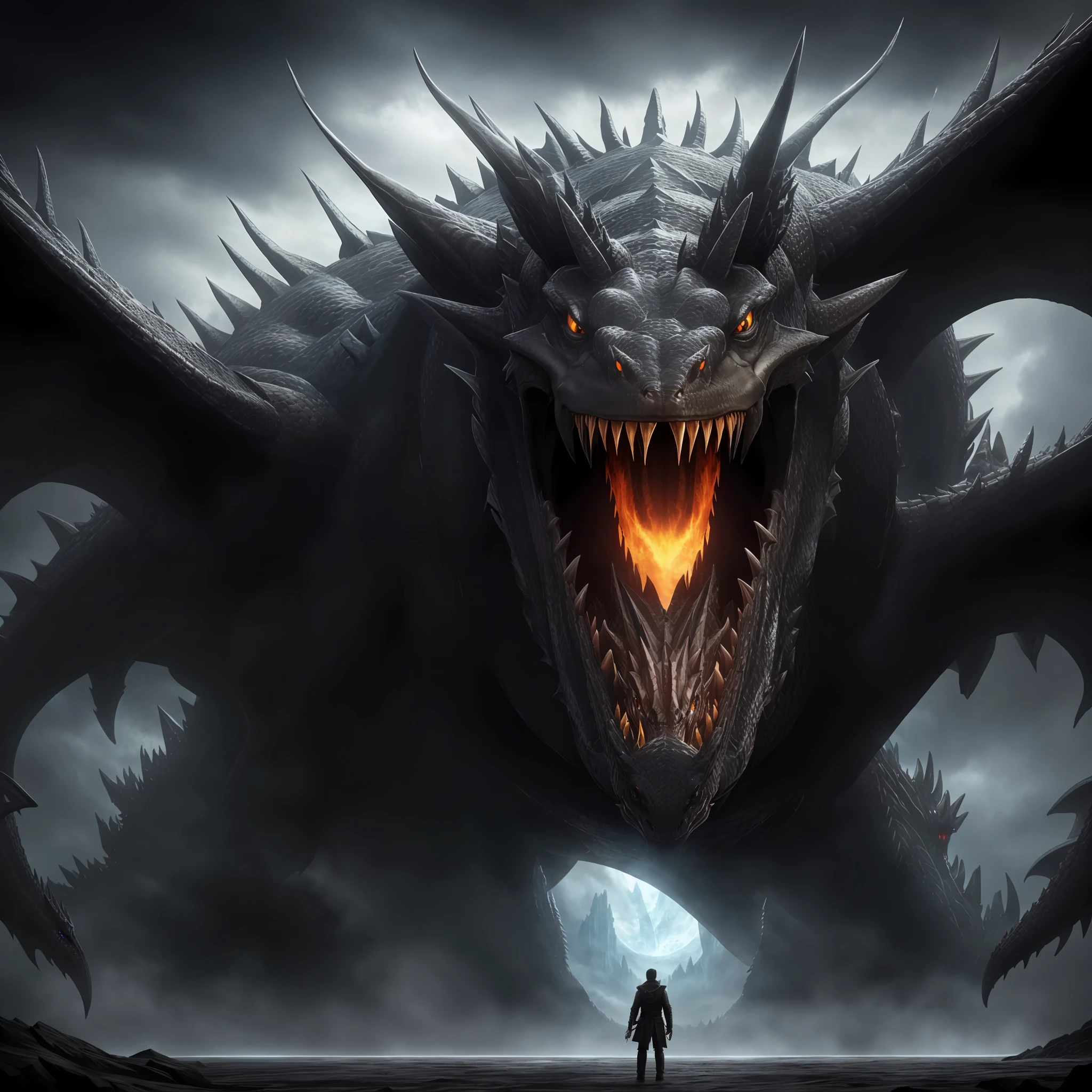a close up of a person standing in front of a giant monster, an ominous fantasy illustration, black dragon, alduin, dragon in the background, symmetrical epic fantasy art, a majestic gothic dragon, drogon, the devil in hell as a dragon, epic fantasy artwork, epic dragon, epic fantasy digital art, colossal dragon in background, 4k fantasy art