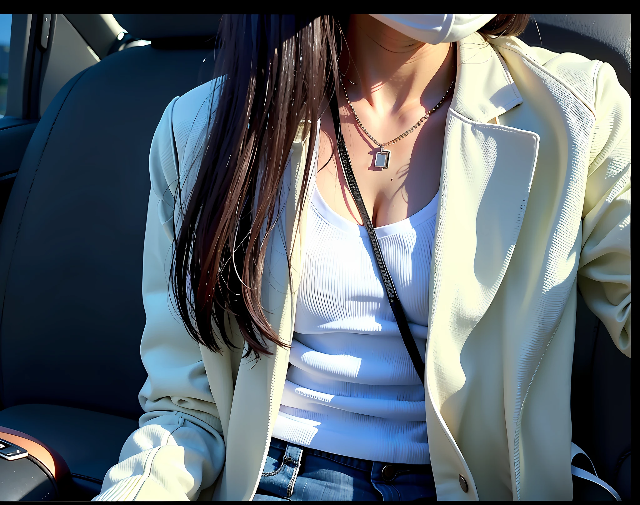 arafed woman wearing a face mask and jacket sitting in a car, cropped shirt with jacket, white jacket, simple style, casual clothing style, simple aesthetic, white trendy clothes, minimalistic!! simple, smooth white tight clothes suit, cute casual streetwear, open jacket, wearing a blazer, wearing off - white style, outfit photo, jackie tsai style