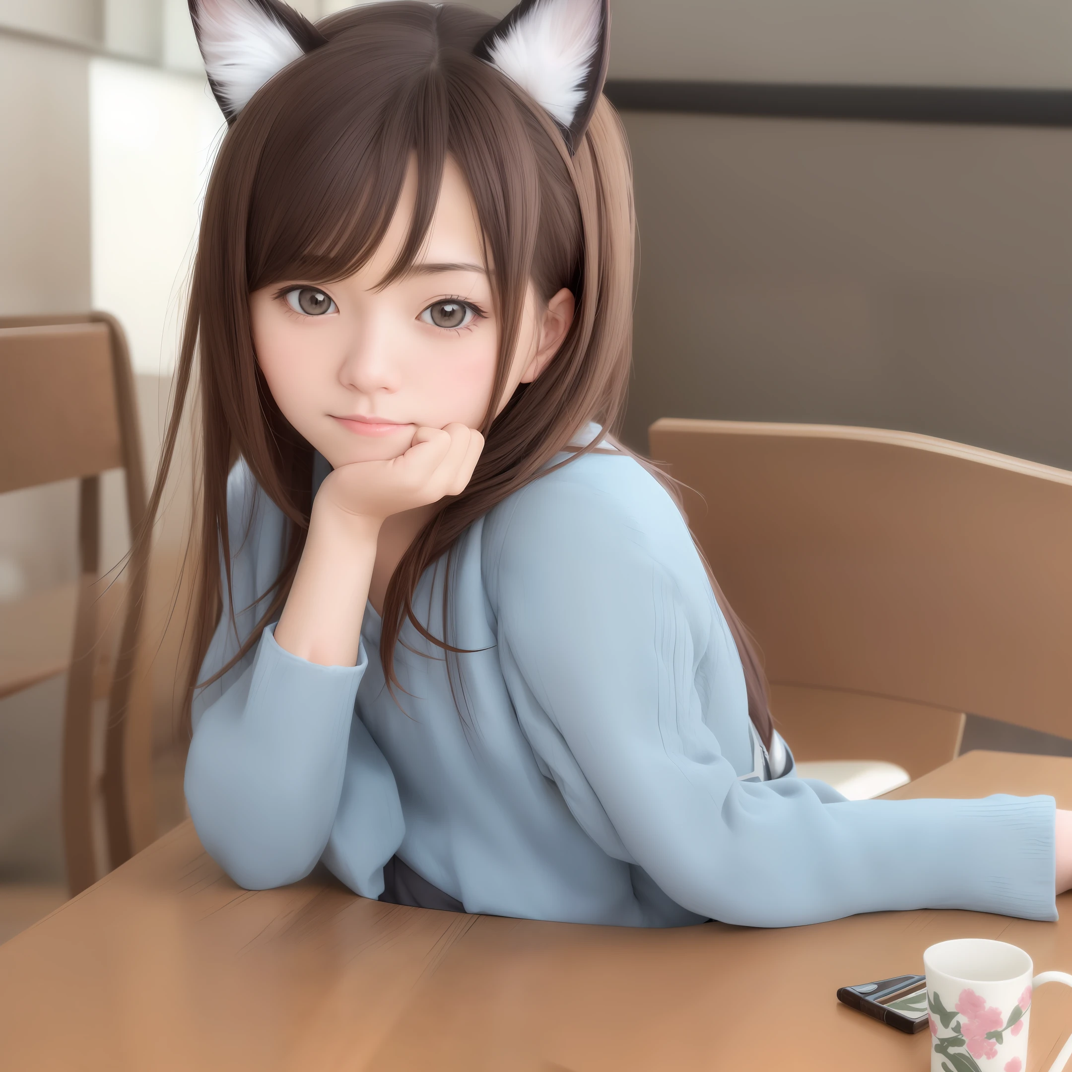 a close up of a person sitting on a table with a cat ear, an anime drawing inspired by Miwa Komatsu, trending on pixiv, shin hanga, anime girl in real life, beautiful anime high school girl, anime girl cosplay, attractive anime girl, realistic young anime girl, a hyperrealistic schoolgirl, young anime girl, hyperrealistic schoolgirl