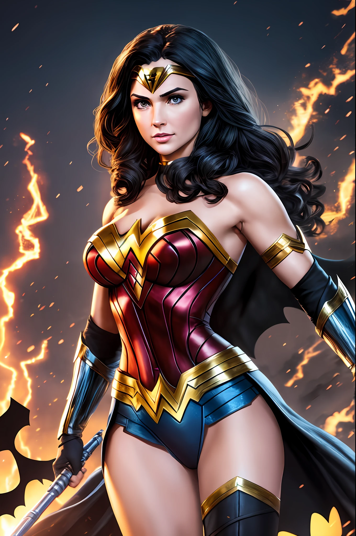 Batman and Wonder Woman are beautiful and together on The War, 64k, realistic, high definicion, ultra resolution, Fujifilm XT3, detailed, Dark ilumination, action scene, --auto --s2