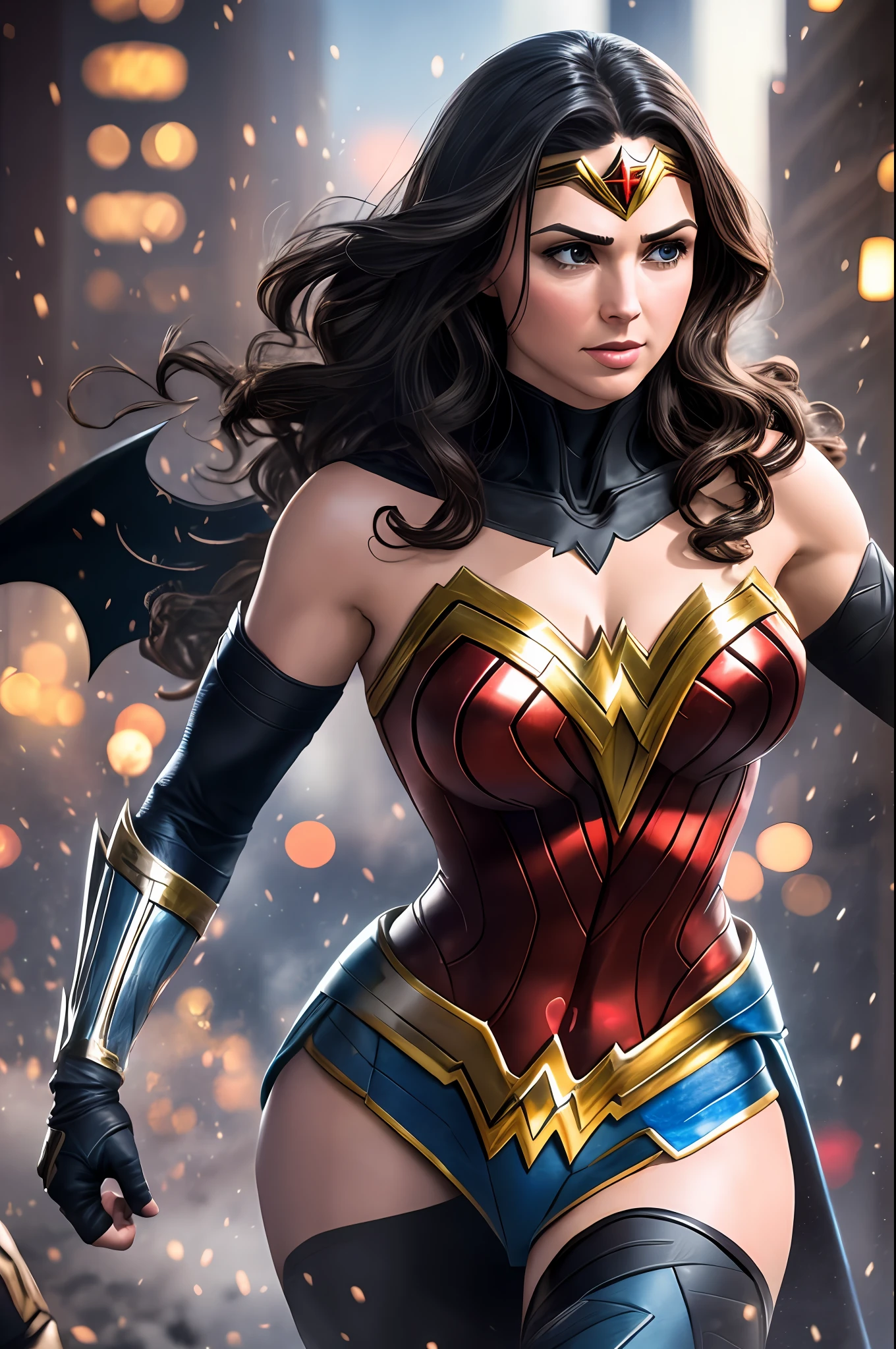 Batman and Wonder Woman are beautiful and together on The War, 64k, realistic, high definicion, ultra resolution, Fujifilm XT3, detailed, Dark ilumination, action scene, --auto --s2