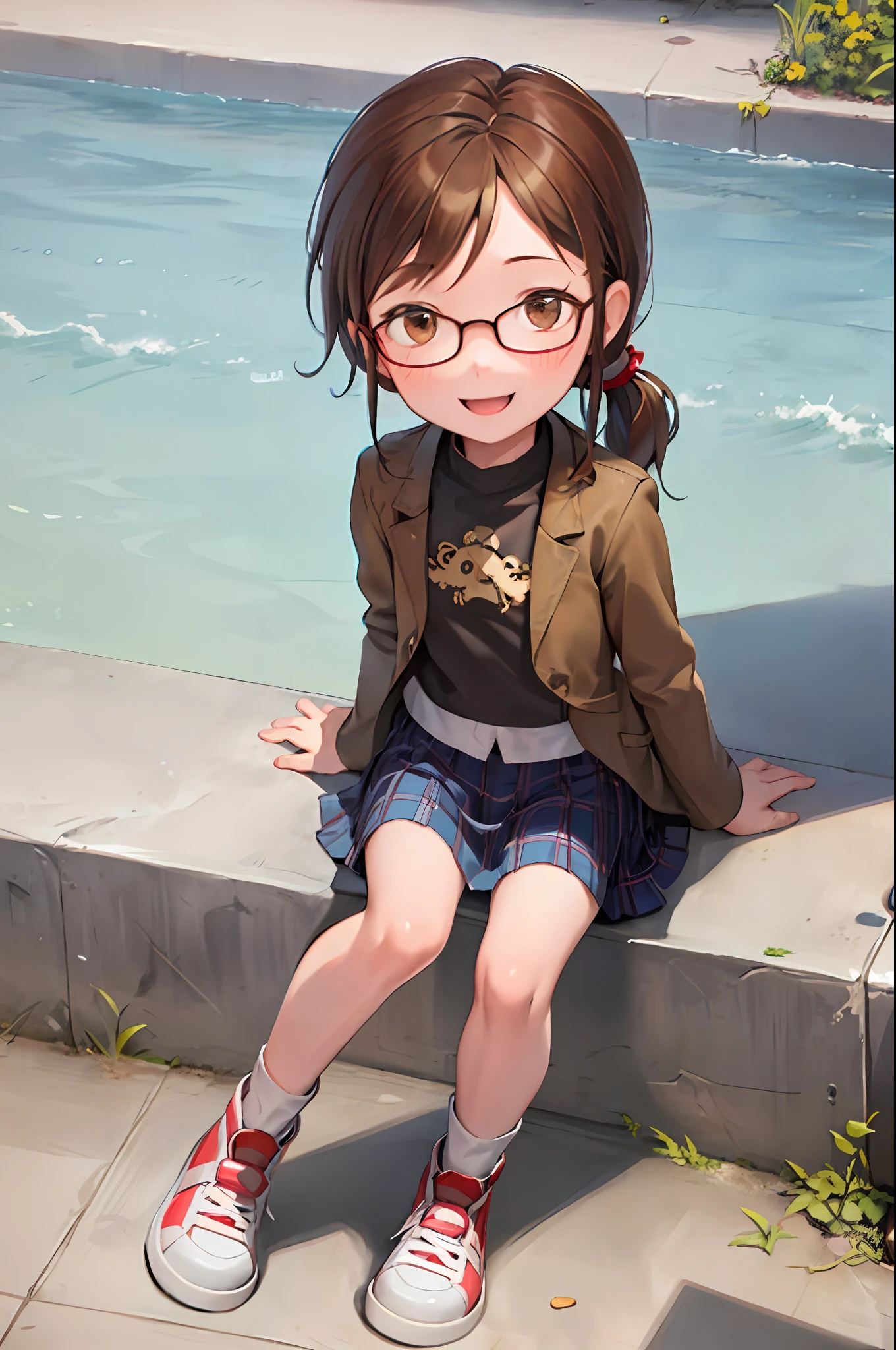 1girl, female child, margo, brown hair, brown eyes, glasses, low ponytail, sidelocks, jacket, skirt, sneakers, mountain, river, sitting, looking at viewer, :d