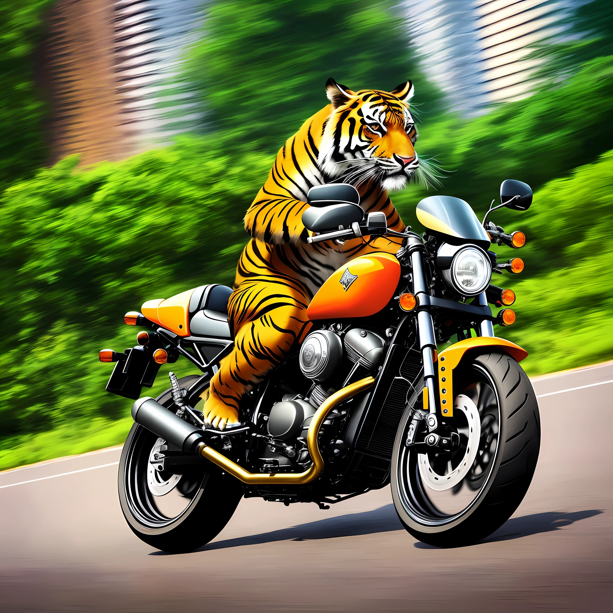 there is a tiger riding a motorcycle on the road, digital painting highly detailed, in style of digital illustration, anthropomorphic tiger, motorcycle concept art, highly detailed digital painting, tiger_beast, cartoon digital painting, full color digital illustration, digital cartoon painting art, in style of digital painting, epic full color illustration, harley davidson motorbike, riding a motorcycle