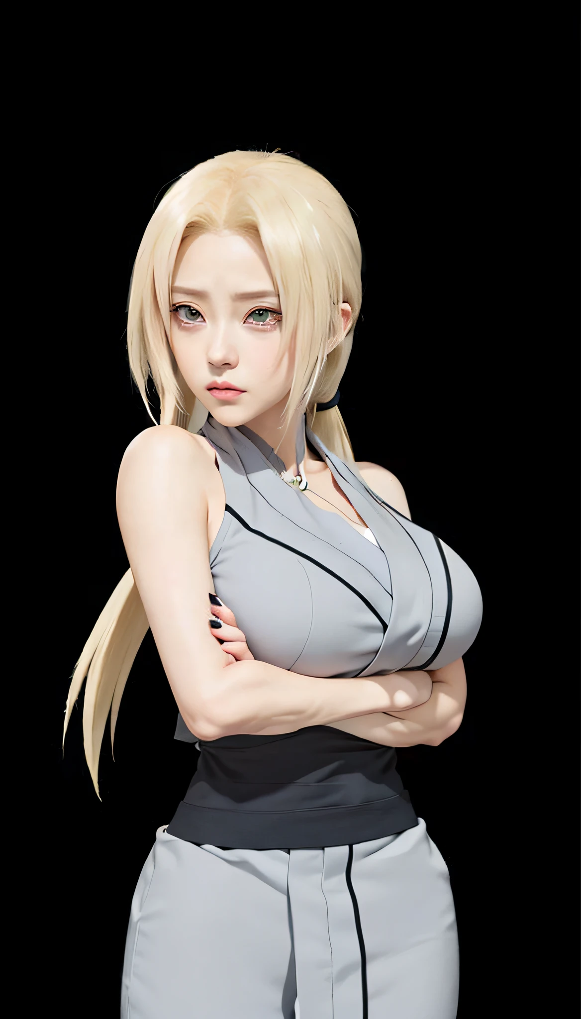 a woman in a gray top and grey pants with her arms crossed, tsunade from naruto, inspired by INO, from naruto, hinata hyuga, cel - shaded art style, female anime character, hinata hyuga from naruto, blonde anime girl with long hair, inspired by Kusumi Morikage, akimino kamijyo, haruno sakura