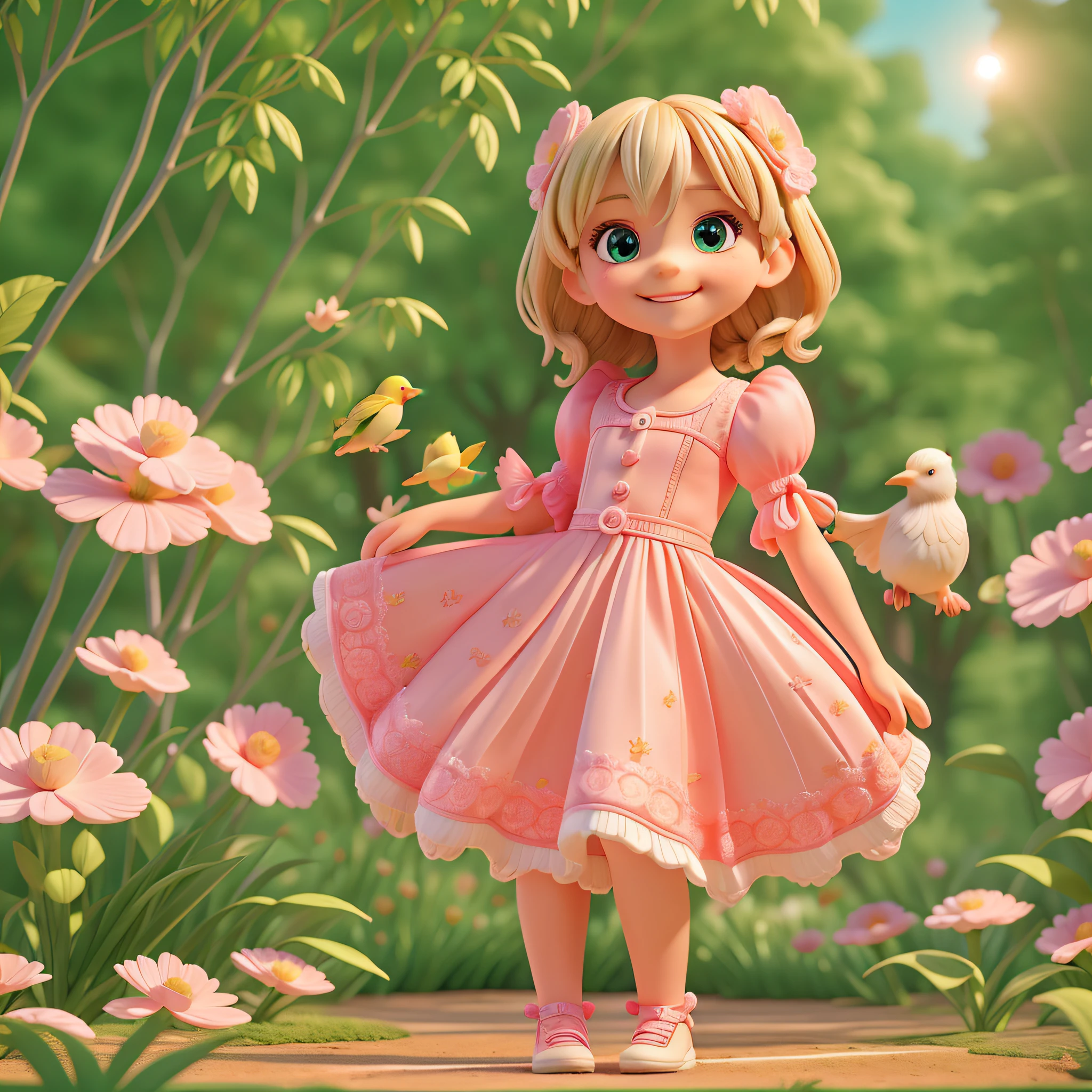 (a child, 4 years old smiling, looking at the birds in the trees), (trees with birds) (girl looking at the birds in the trees)beautiful face, sunlight, cinematic light, beautiful child, beautiful eyes, smile, perfect anatomy, (full body), centered image, stylized, bioluminescence, full size 8, 8k resolution, pink details, human hands, full of admiration, elegant, approaching perfection, dynamic, highly detailed, character sheet, concept art, smooth, looking directly at the birds on the tree, your body is symmetrical and balanced, incredibly beautiful child, detailed hairstyle, full body shot, character sheet, lightning, 3d, cgi, bright neon, pink dress, garden with trees, birds flying, with radiant sun.