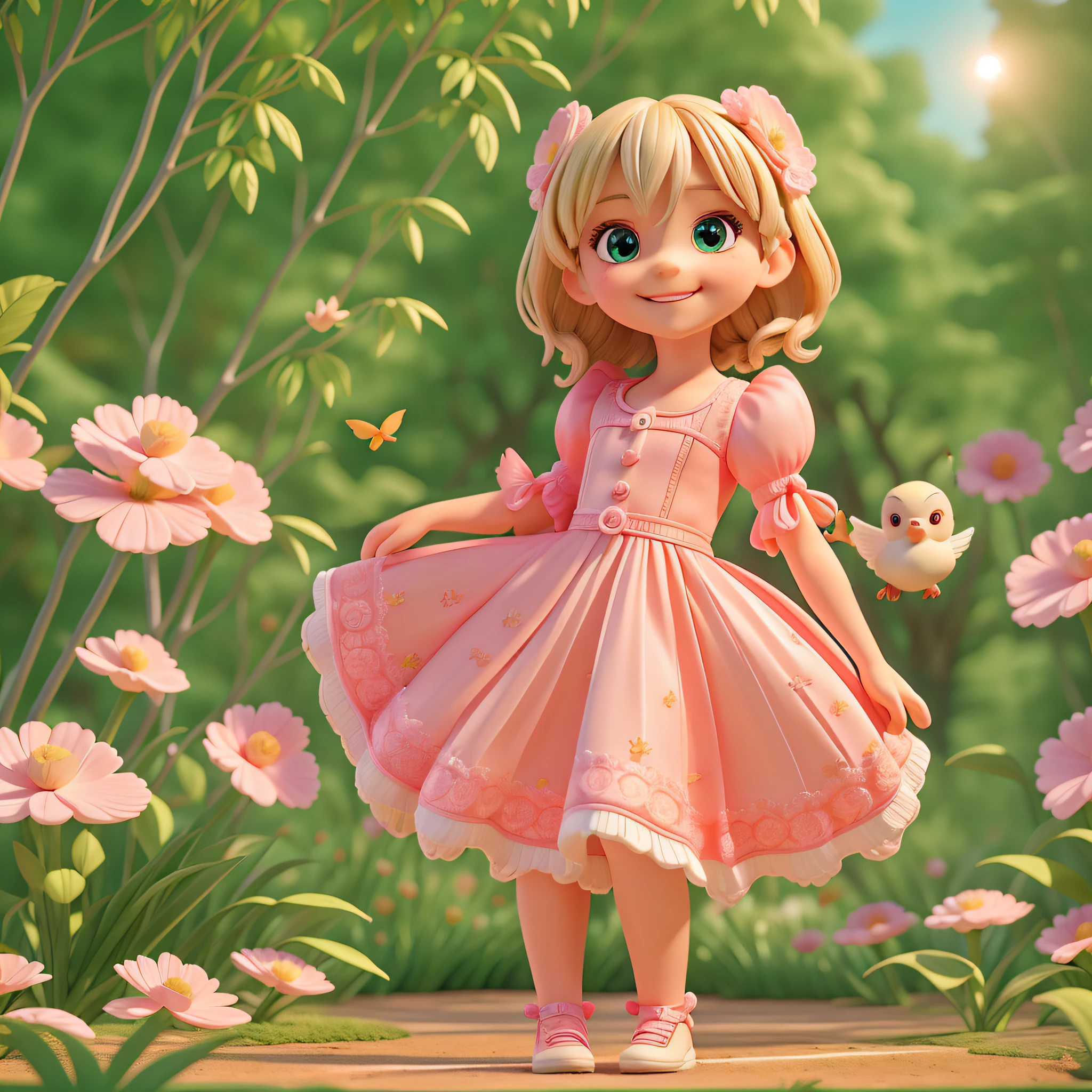 (a child, 4 years old smiling, looking at the birds in the trees), (trees with birds) (girl looking at the birds in the trees)beautiful face, sunlight, cinematic light, beautiful child, beautiful eyes, smile, perfect anatomy, (full body), centered image, stylized, bioluminescence, full size 8, 8k resolution, pink details, human hands, full of admiration, elegant, approaching perfection, dynamic, highly detailed, character sheet, concept art, smooth, looking directly at the birds on the tree, your body is symmetrical and balanced, incredibly beautiful child, detailed hairstyle, full body shot, character sheet, lightning, 3d, cgi, bright neon, pink dress, garden with trees, birds flying, with radiant sun.