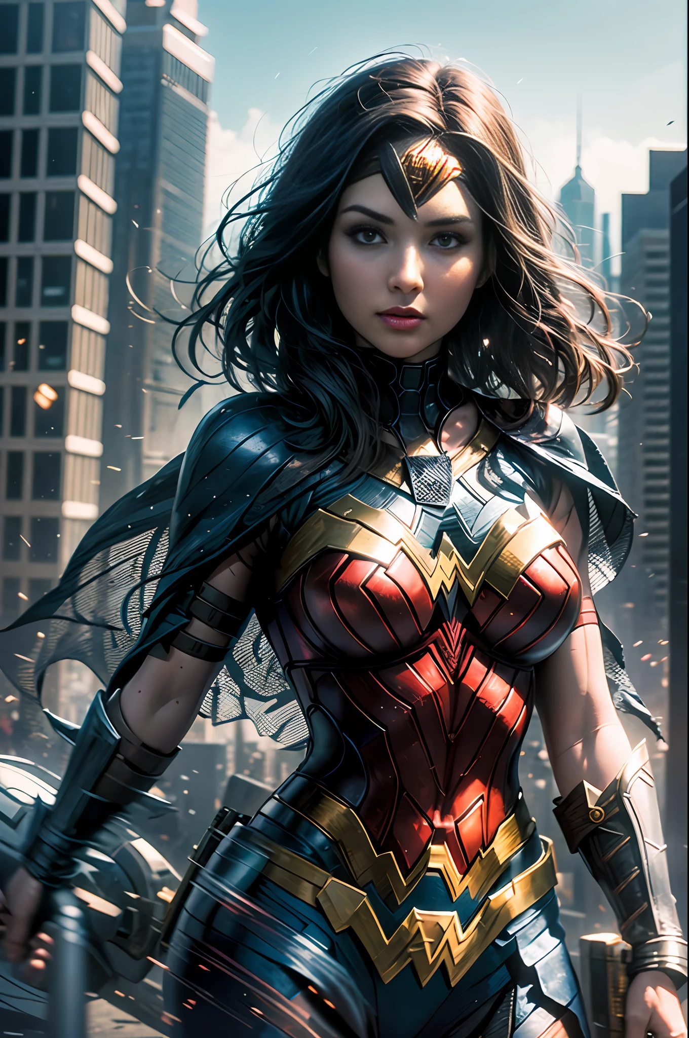 Batman and Wonder Woman are beautiful and together on The War, 64k, realistic, high definicion, ultra resolution, Fujifilm XT3, detailed, Dark ilumination, action scene, --auto --s2