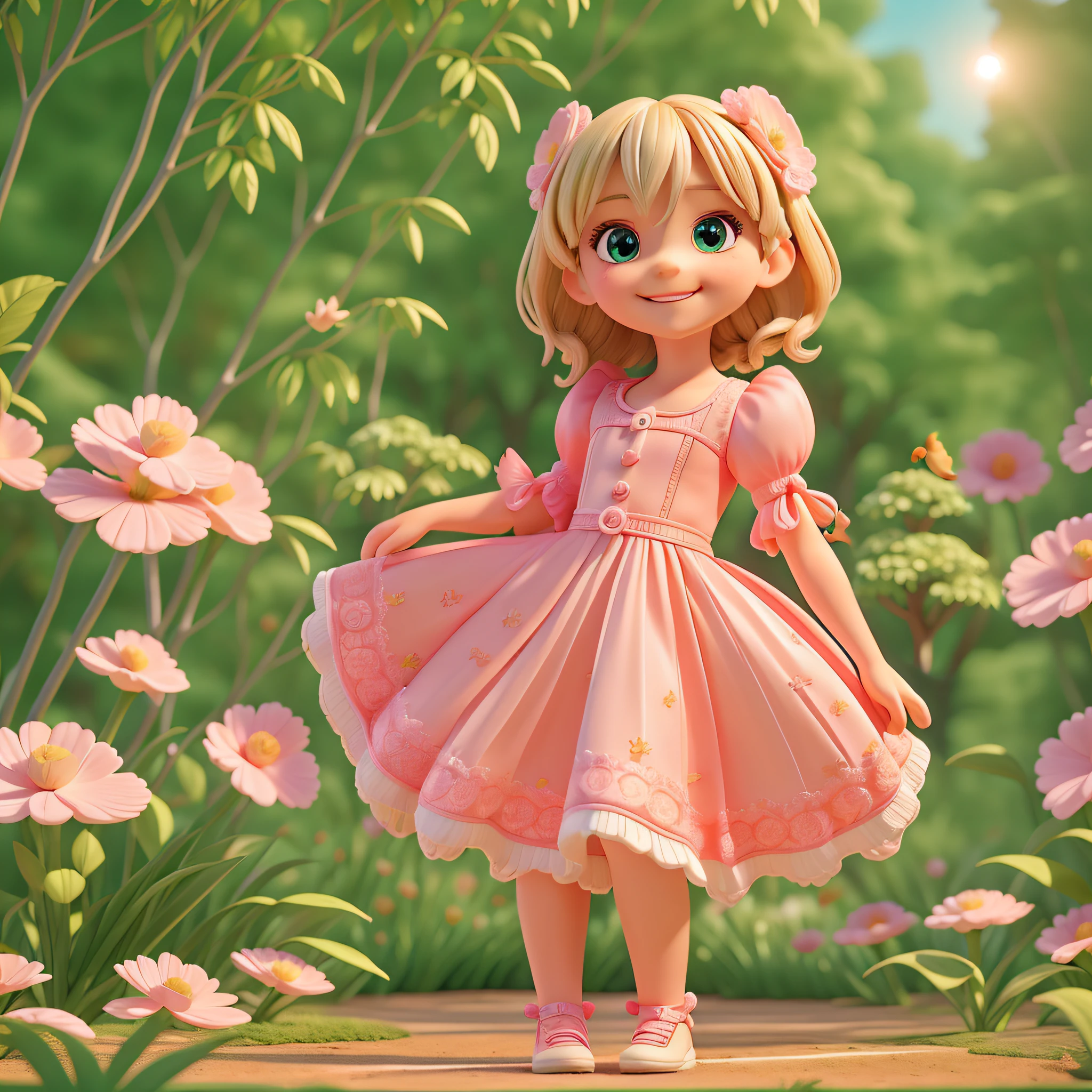 (a child, 4 years old smiling, looking at the birds in the trees), (trees with birds) (girl looking at the birds in the trees)beautiful face, sunlight, cinematic light, beautiful child, beautiful eyes, smile, perfect anatomy, (full body), centered image, stylized, bioluminescence, full size 8, 8k resolution, pink details, human hands, full of admiration, elegant, approaching perfection,  dynamic, highly detailed, character sheet, concept art, smooth, looking directly at the birds on the tree, your body is symmetrical and balanced, incredibly beautiful child, detailed hairstyle, full body shot, character sheet, lightning, 3d, cgi, bright neon, pink dress, garden with trees, birds flying, with radiant sun.