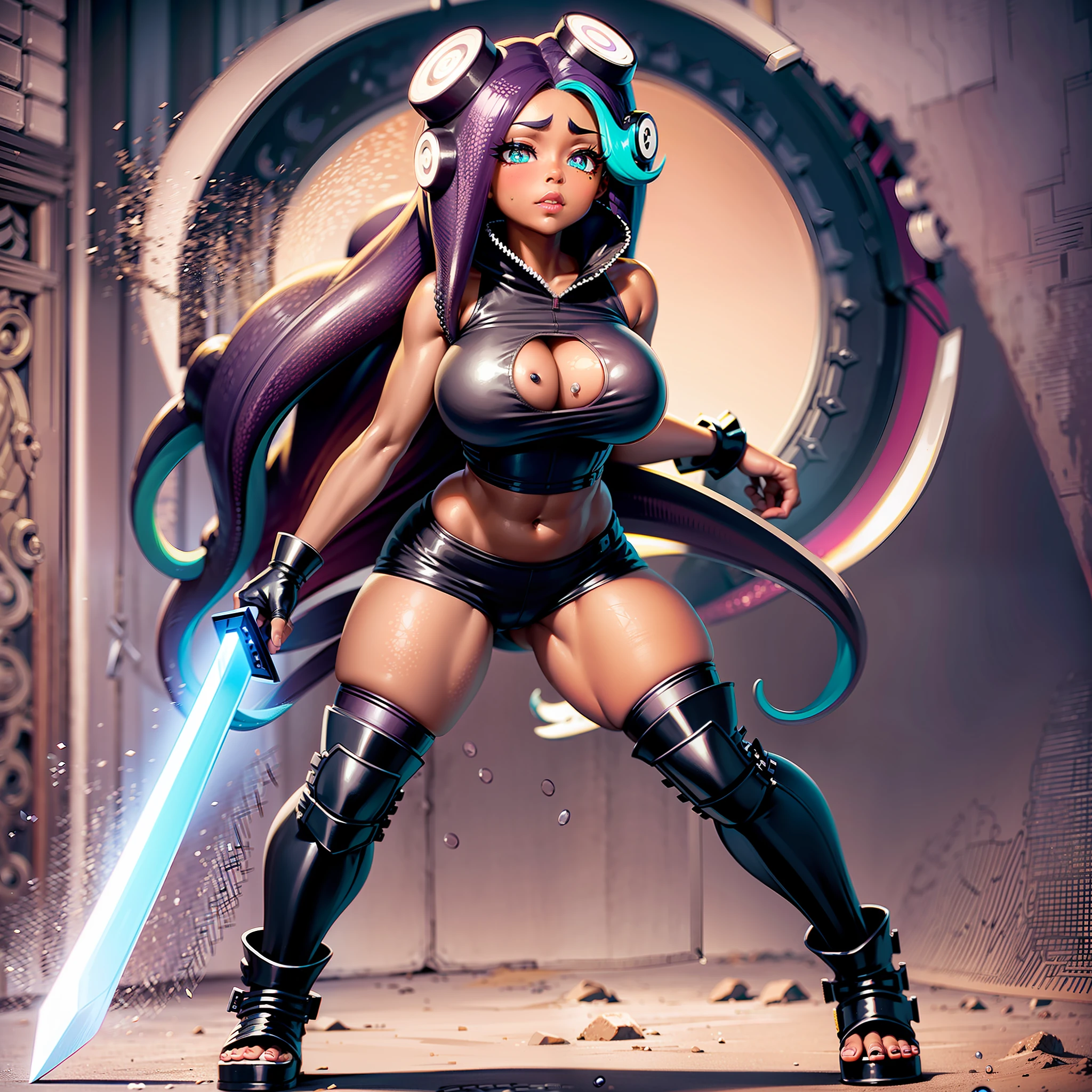 1girl, solo, tentacle hair, dark skin, dark-skinned female, piercing, octarian, mole under mouth, long hair, mole, full body, multicolored hair, pink pupils, purple hair, standing, cephalopod eyes, green eyes,looking at viewer, two-tone hair, legs apart, black hair, blush, aqua eyes, big breasts, very_dark_skin_girl, full black armor combine with Shogun combine with hoodie combine with samurai armor,shoulder armor, hand armor, holding a sword, full armor, metal armor, long sword