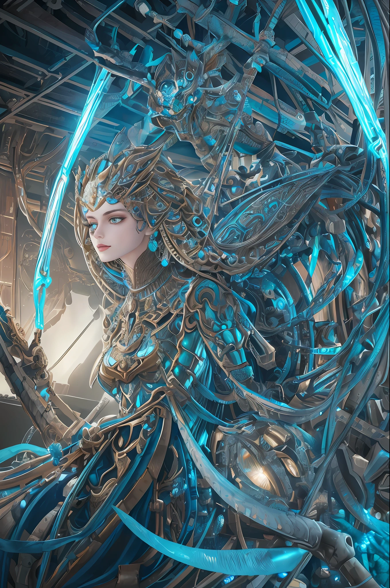 Mechanical mermaid, (((ultra realistic details)), portrait, global lighting, shadows, octane render, 8k, ultra sharp, metal, intricate, detailed ornaments, cool colors, Egyptian detail, highly intricate details, realistic light, trend in cgsociety, bright eyes, front camera, neon details, mechanical limbs with metal scales, blood vessels connected to tubes, mechanical vertebra attaching to the back, mechanical cervial attaching to the neck, sitting, wires and cables connecting to the head