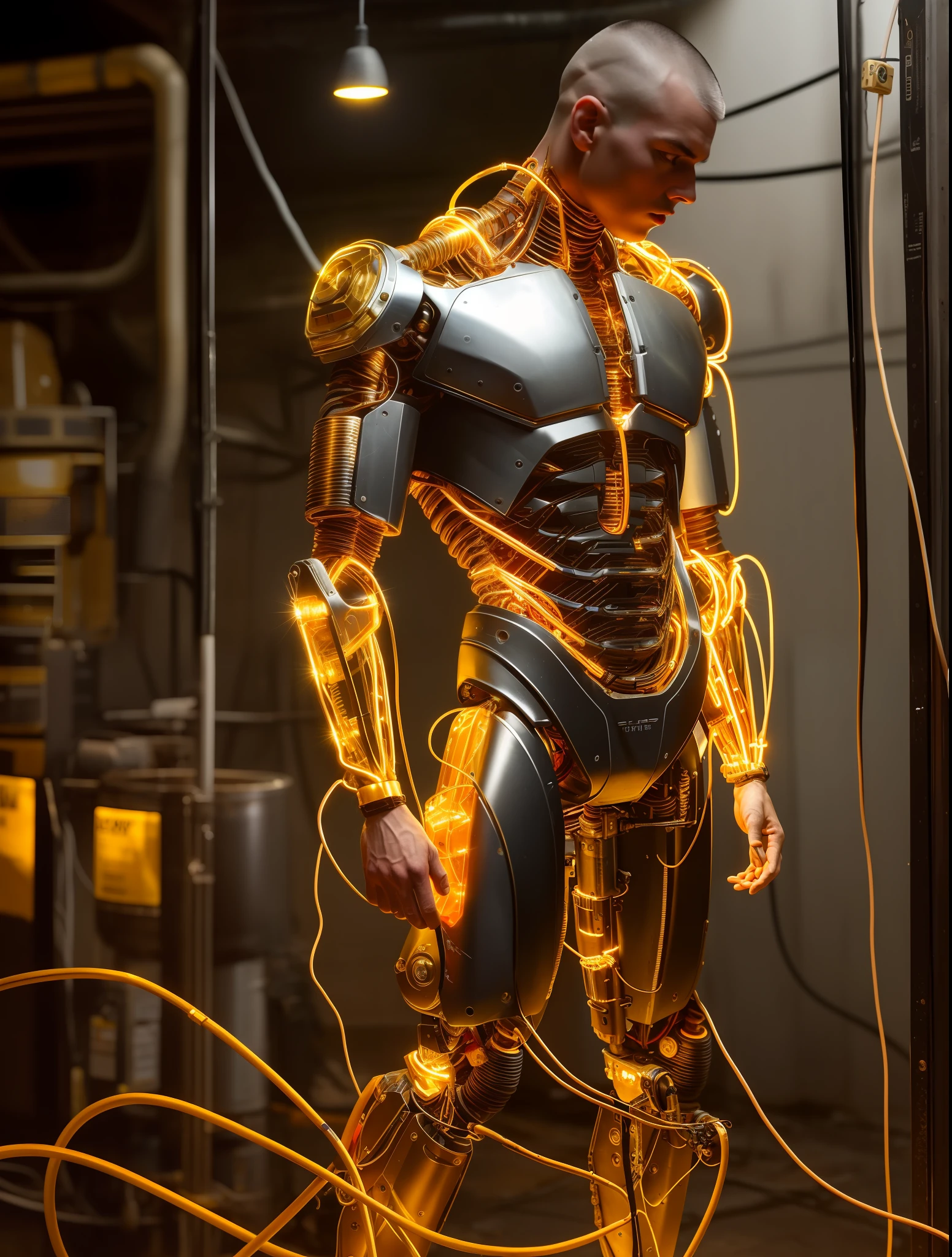 Very attractive muscular cyborg man, buzzcut,  exposed wires, gold oil leaking from rusty wires, lights, dramatic lighting chiaroscuro, full body view, aged scratch metal,