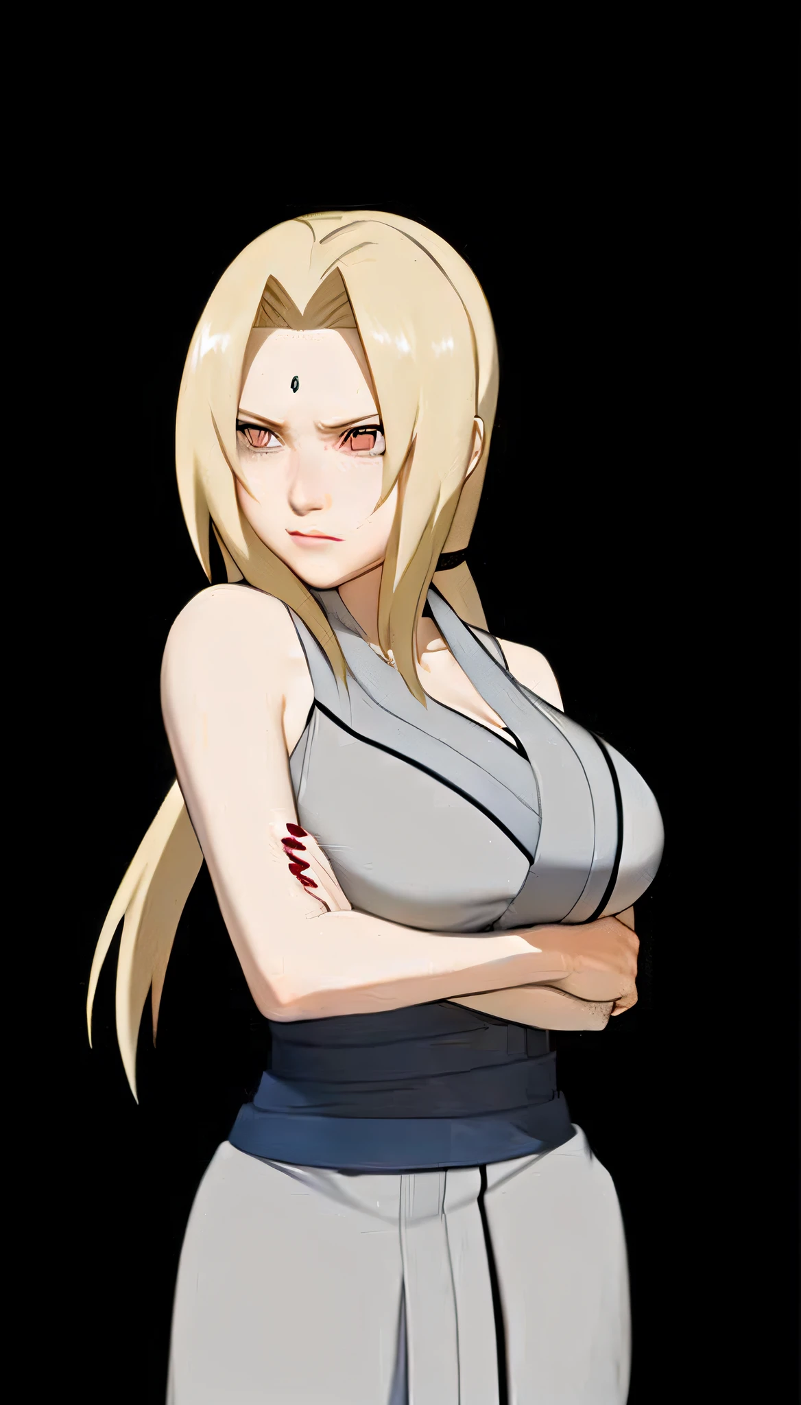 a woman in a gray top and grey pants with her arms crossed, tsunade from naruto, inspired by INO, from naruto, hinata hyuga, cel - shaded art style, female anime character, hinata hyuga from naruto, blonde anime girl with long hair, inspired by Kusumi Morikage, akimino kamijyo, haruno sakura