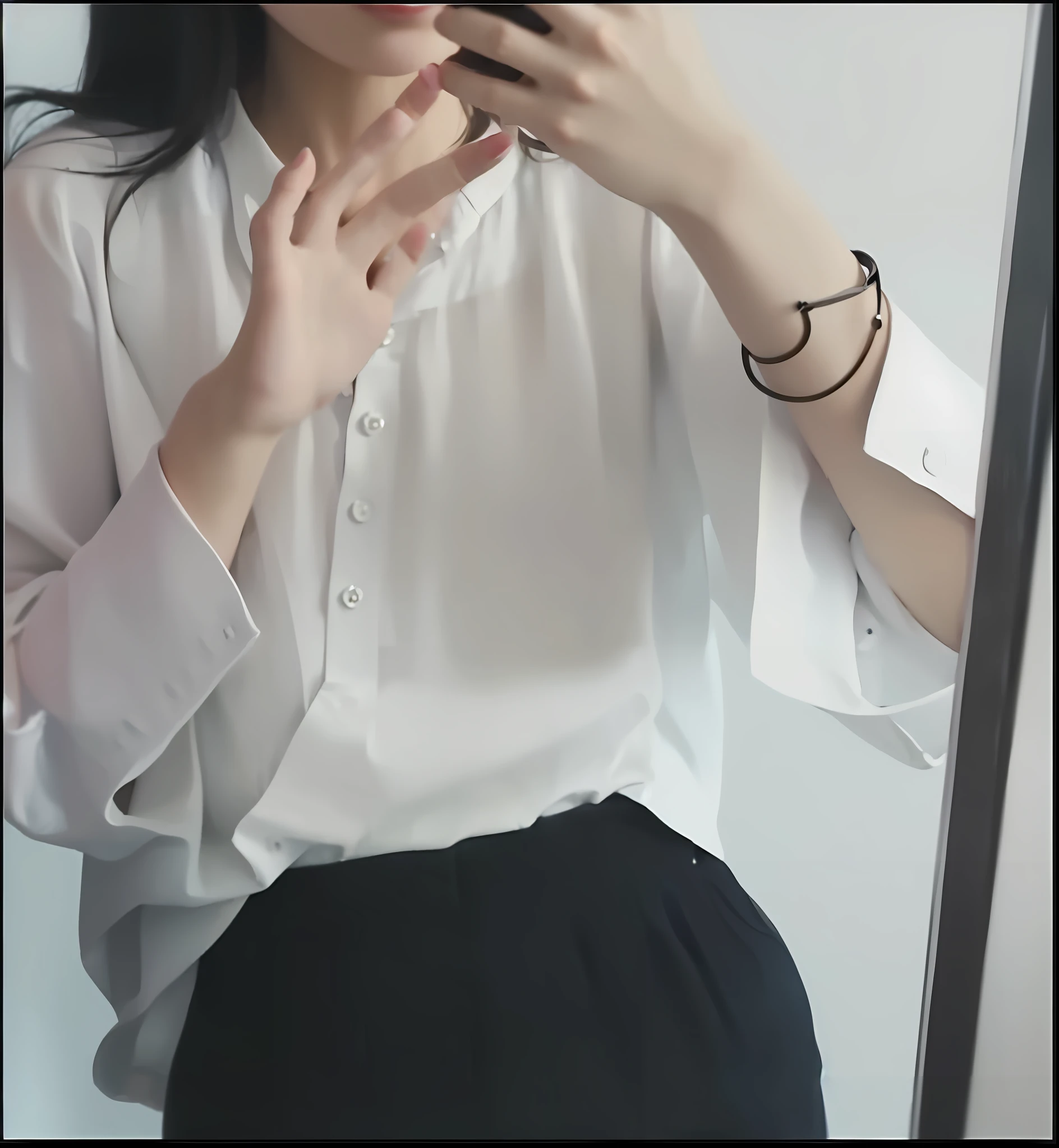there is a woman taking a selfie in a mirror, wearing a blouse, wearing white shirt, fine white shirt, white shirt, wearing a white shirt, white blouse, wearing in shirt, wearing a light shirt, white silky outfit, wearing white silk, wearing a white blouse, white clothes, wearing a white button up shirt, long shirt, clothed in white shirt