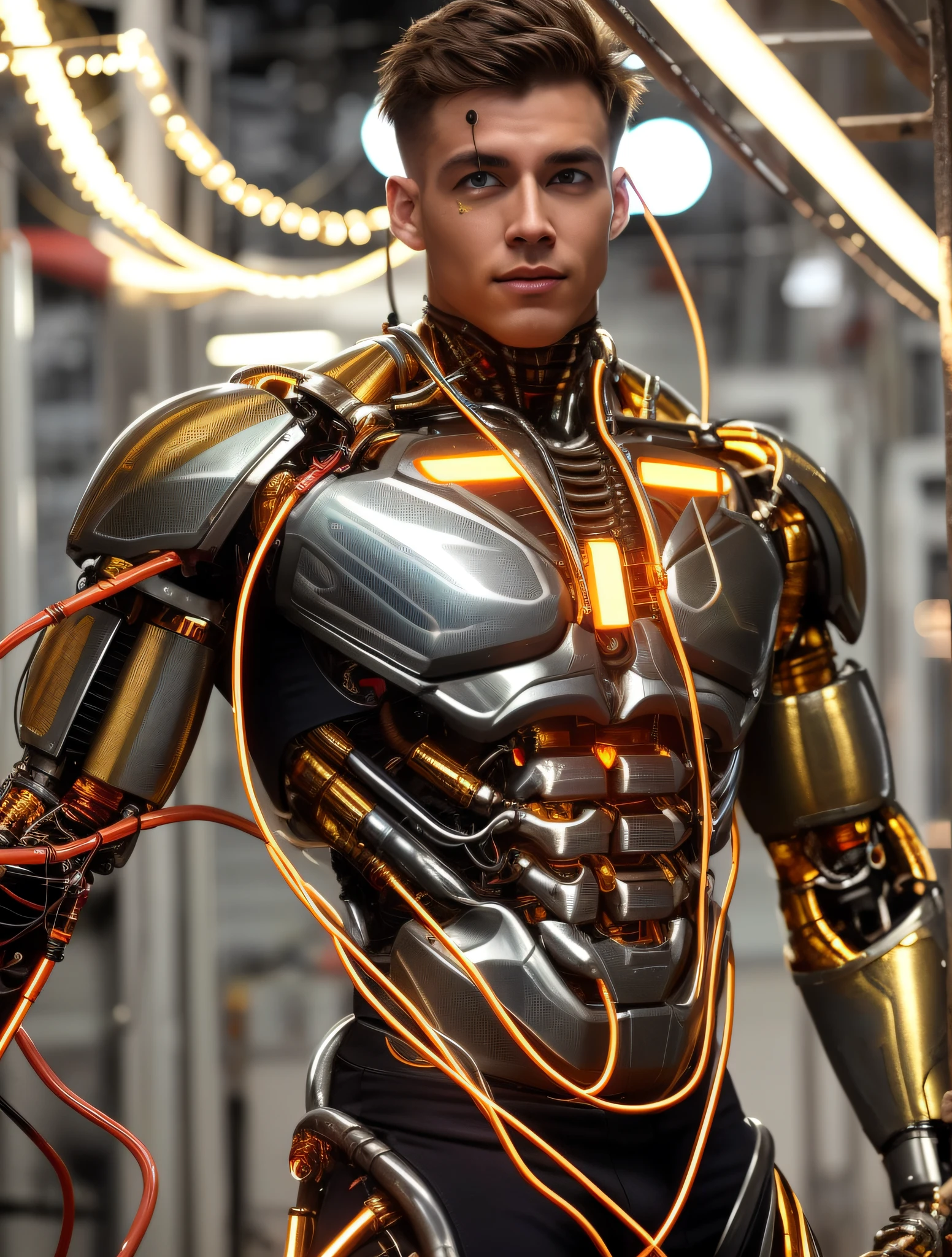 Very attractive muscular cyborg man, exposed wires, gold oil leaking from rusty wires, lights,