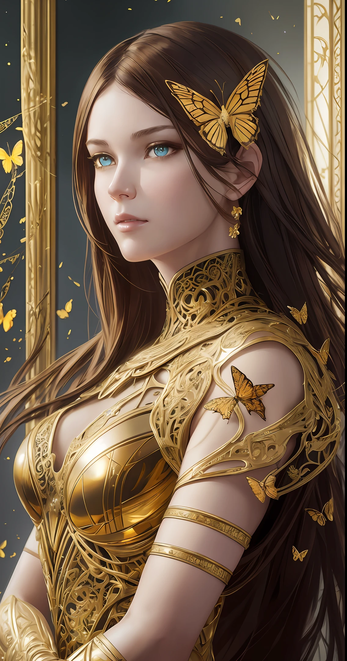 8k portrait of beautiful cyborg with brown hair, intricate, elegant, highly detailed, majestic, digital photography, art by artgerm and ruan jia and greg rutkowski surreal painting gold butterfly filigree, broken glass, (masterpiece, sidelighting, finely detailed beautiful eyes: 1.2), hdr, --auto --s2