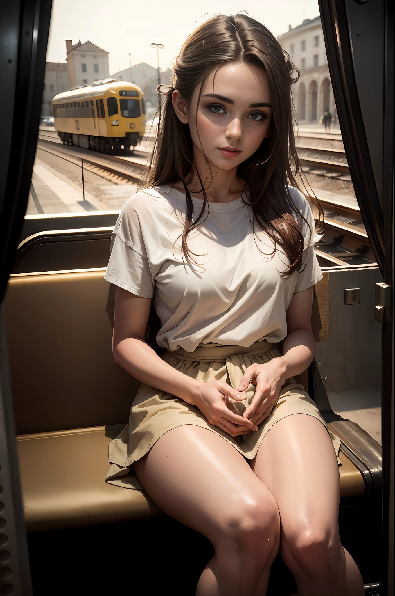 Top quality, full body detail, golden ratio (theatrical lighting: 0.7), masterpiece, spectator angle shot, mouth open, (23-year-old European girl sweaty), straight looking mysteriously happy, camel winger sitting on a crooked train, tousled hair, (in wet white cotton top), sunset, lush full body portrait, perfect face, amazing eyes, bright details (very detailed skin), accent lighting, depth of field, old camera, Consciousness, Digital Grit, War Photography, Dog Perspective Photo Shoot, Bottom to Top