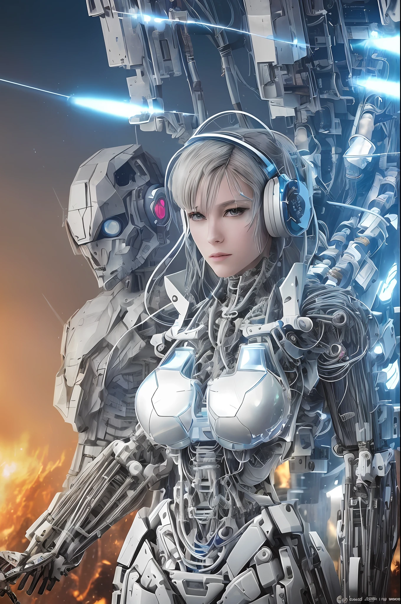 (official art, beautiful and aesthetic), (1girl:1.3), science fiction, (masterpiece, best quality, ultra detailed), complex 3d render ultra detailed of a beautiful porcelain profile woman, (white and silver cybernetic implants), (fractal art:1.1),(colored electronic cables and chips:1.3), (full of optical fiber cables that are wired in the implanted parts in the body covered translucent metallic skin:1.5),
manga influence, gun, mecha girl, full armor, ((mechanical limbs)), expressionless, biomechanical, (tired and sleepy face:0.1), dark and rainy post-apocalyptic battleground:1.3,  (fire and flying ashes around background:1.2), cyberpunk, dynamic pose in a battleground:1.3, cowboy shot, headset with mic,
big breasts, ultra realistic:1.4