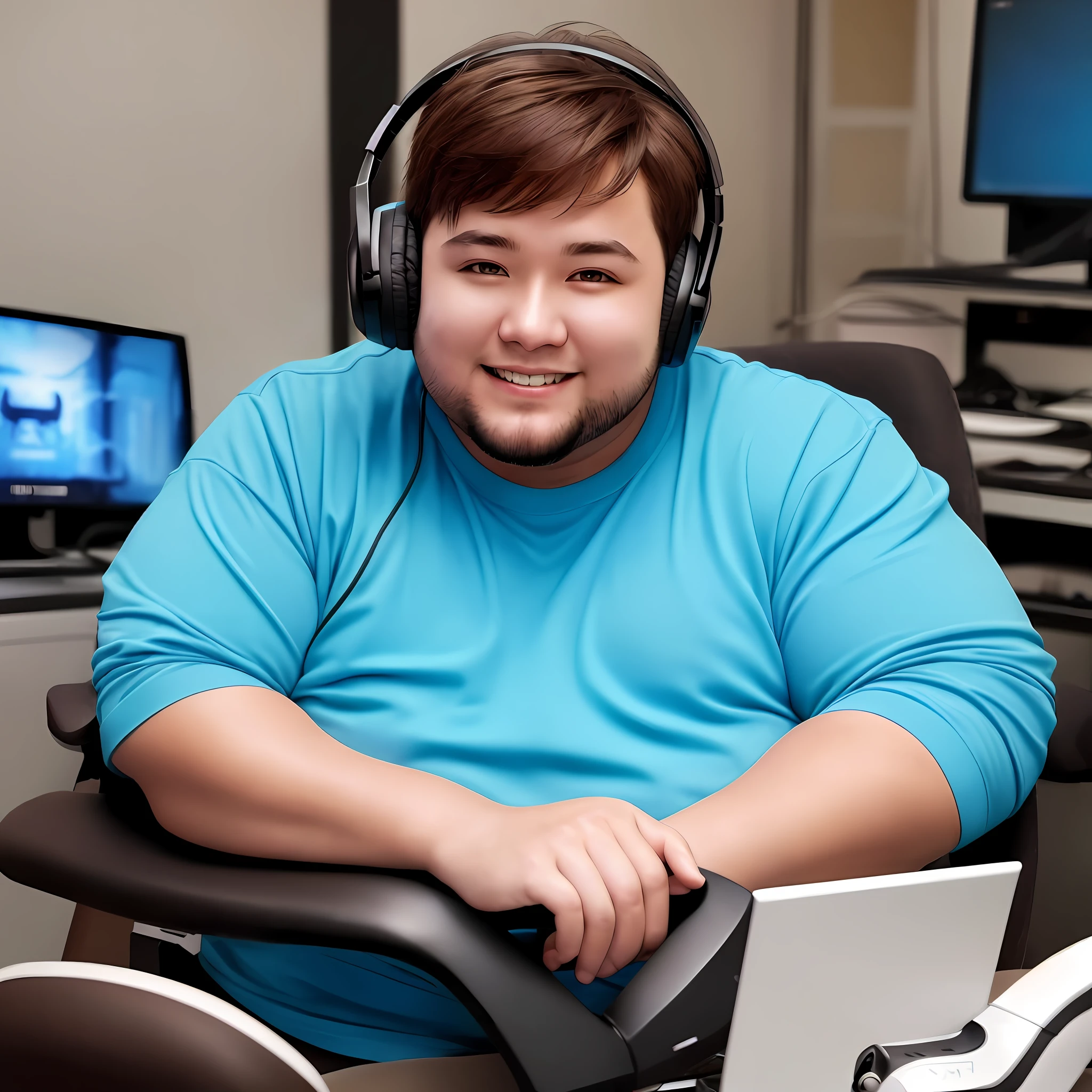 masterpiece,gamer, soft light, amazing quality, streamer, gamer computer, gamer chair, blue shirt, fat, smiling making jewelry with hand, looking at camera, headphones, darkened background, brown hair, brown skin, just a monitor, a computer, 100% keyboard, gamer mouse, wardrobe in the background