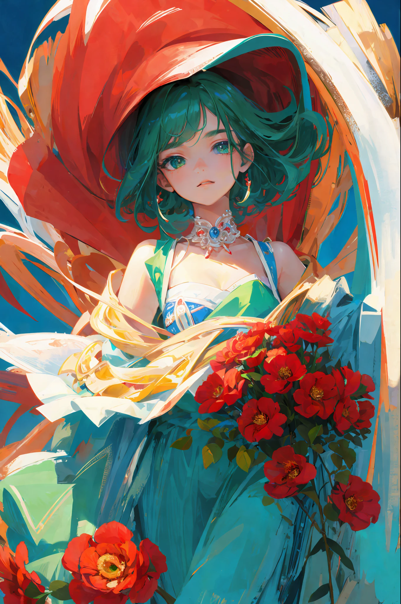 ((masterpiece, best quality, ultra-detailed, high resolution)), solo, very cute boy, bright eye, perfect green eye, 18 years, red white gold theme,