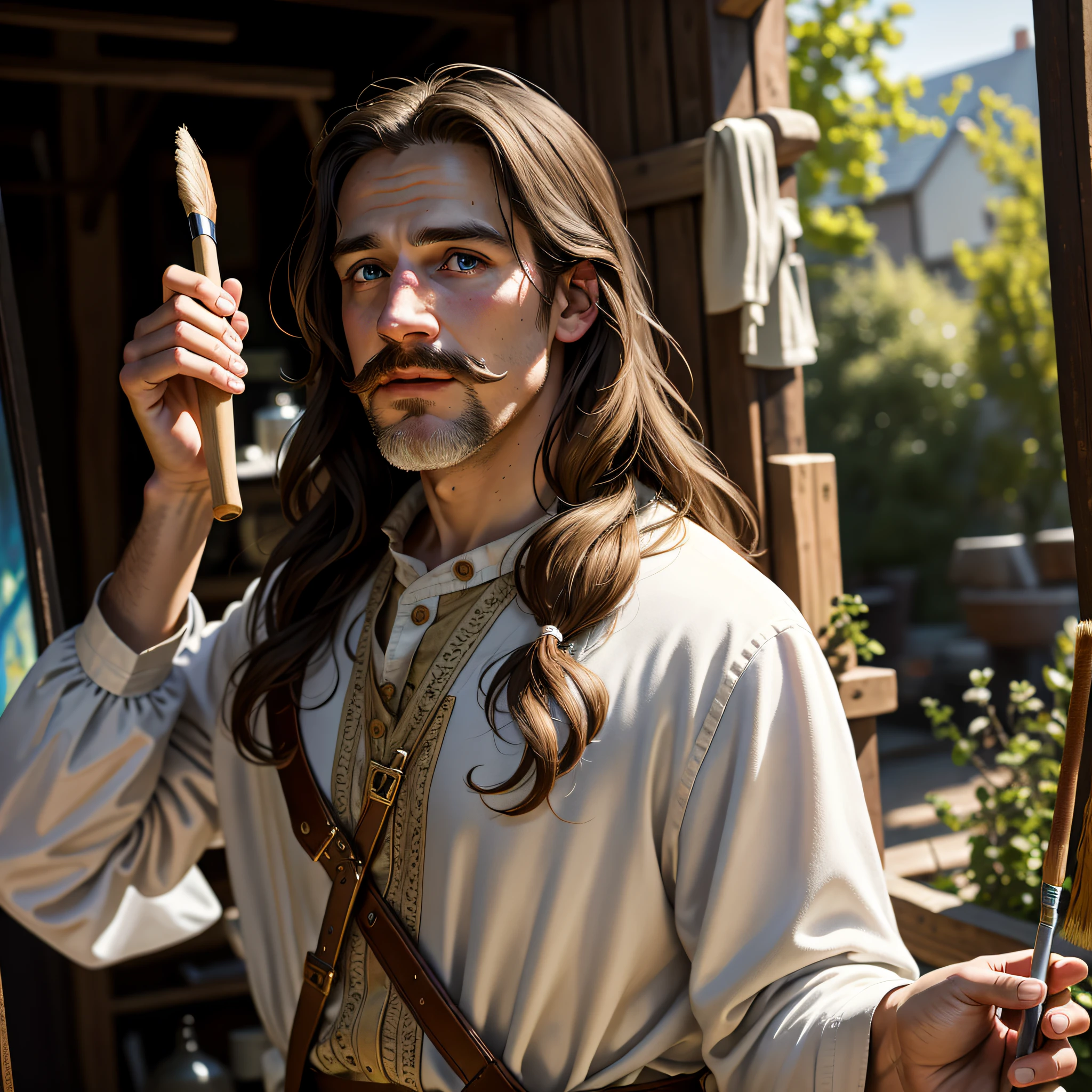 (8k) (HDR) natural light (masterpiece) There is a man bent towards a painting, he is holding a brush with a face of curiosity (detailed skin), white man, 35 years old, big mustache, long hair, clothes of the middle ages, artist, (environment) he is in an art studio, depth of field, expressive, 8k