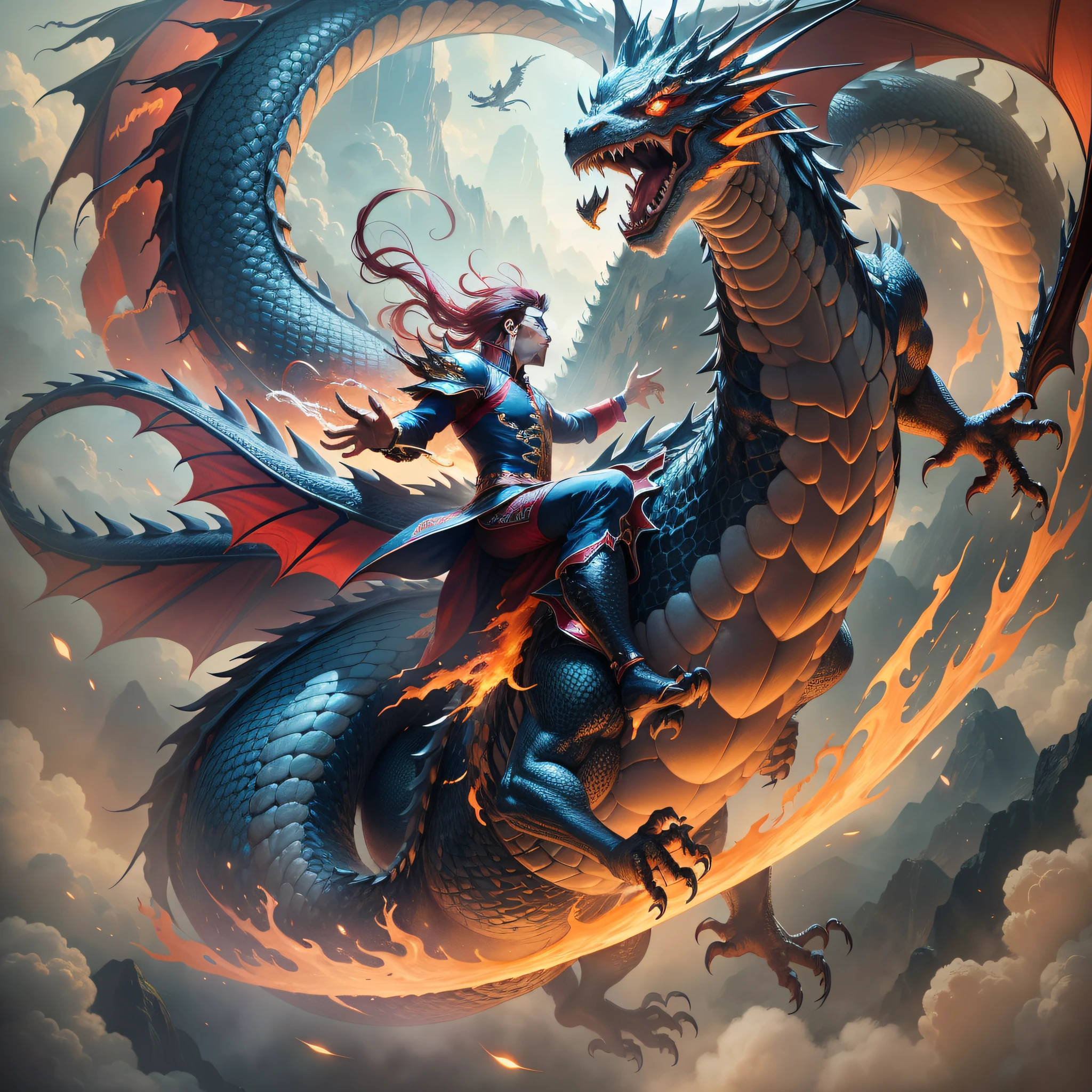 A man falling from the sky, while a gigantic Chinese dragon passing by him, in a dynamic effect of movement and impact. The scene is portrayed with extreme precision and detail in a high-quality image in realistic style, with an emphasis on vibrant colors and nuances of lighting.