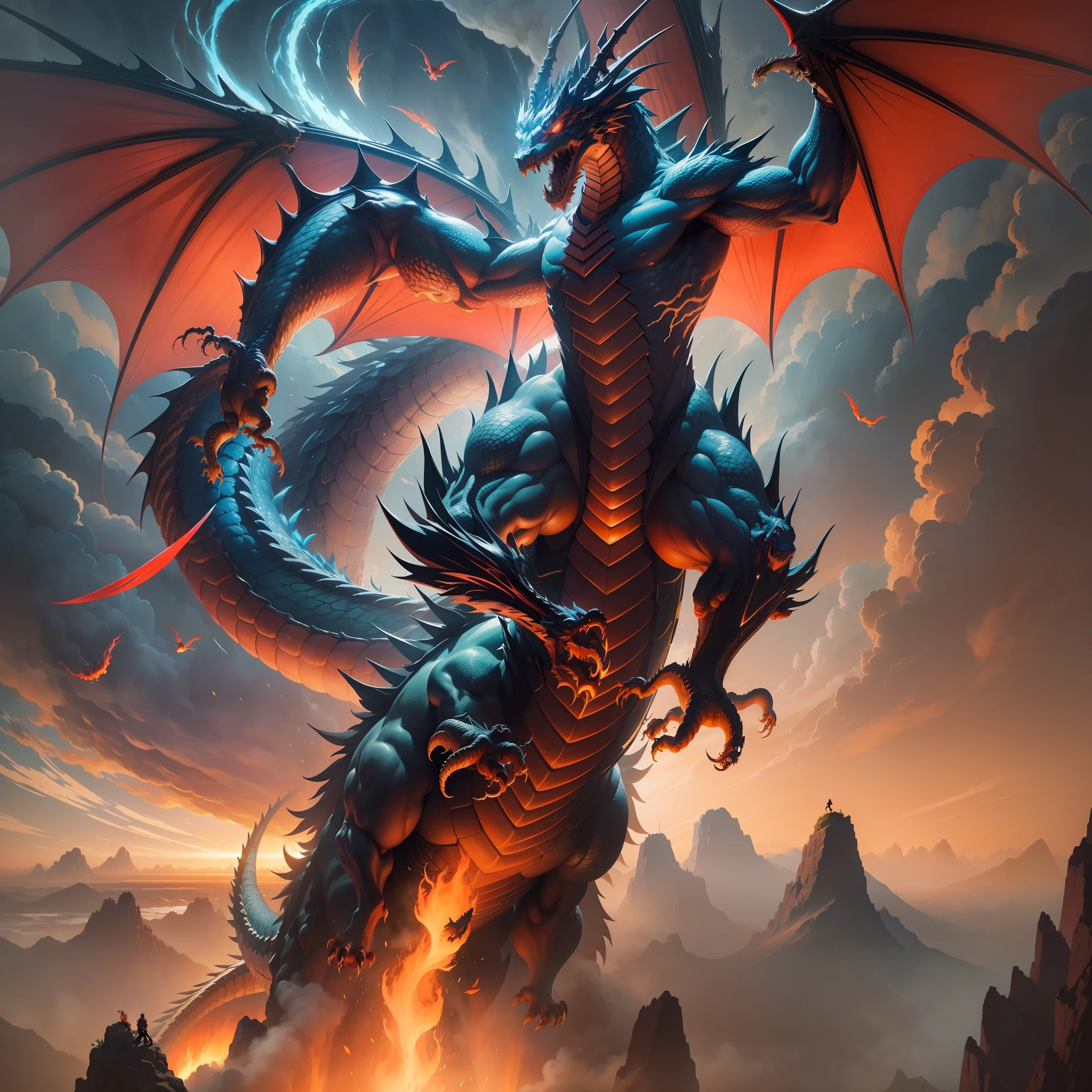 A man falling from the sky, while a gigantic Chinese dragon passing by him, in a dynamic effect of movement and impact. The scene is portrayed with extreme precision and detail in a high-quality image in realistic style, with an emphasis on vibrant colors and nuances of lighting.