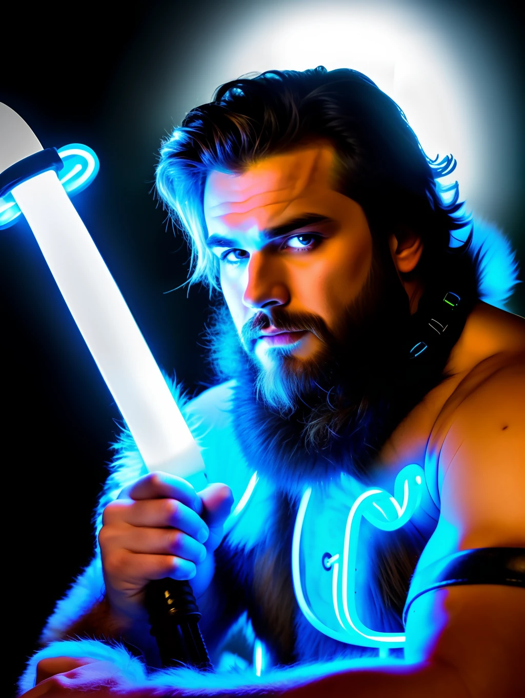 A close up photo of handsome very strong Man Warrior with (glowing neon blue sword:1.2) (in hand:1.2), struggling to remain relevant in age-old battles, with tears in his eyes, screaming, (fur:1.2), (hairy man:1.2), realistic motion action photo, (((hdr))), hyperdetailed, cinematic, cool lights, intricate details, muscle, perspective view, UHD, 64k, unreal, messy windy hair