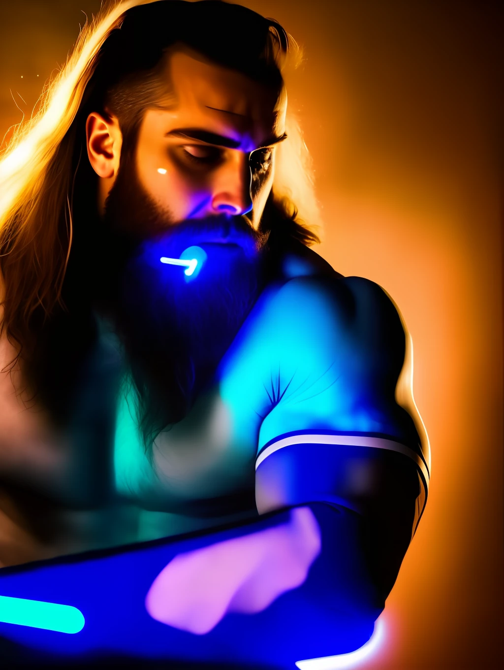 A close up photo of handsome very strong Man Warrior with (glowing neon blue sword:1.2) (in hand:1.2), struggling to remain relevant in age-old battles, with tears in his eyes, screaming, (fur:1.2), (hairy man:1.2), realistic motion action photo, (((hdr))), hyperdetailed, cinematic, cool lights, intricate details, muscle, perspective view, UHD, 64k, unreal, messy windy hair