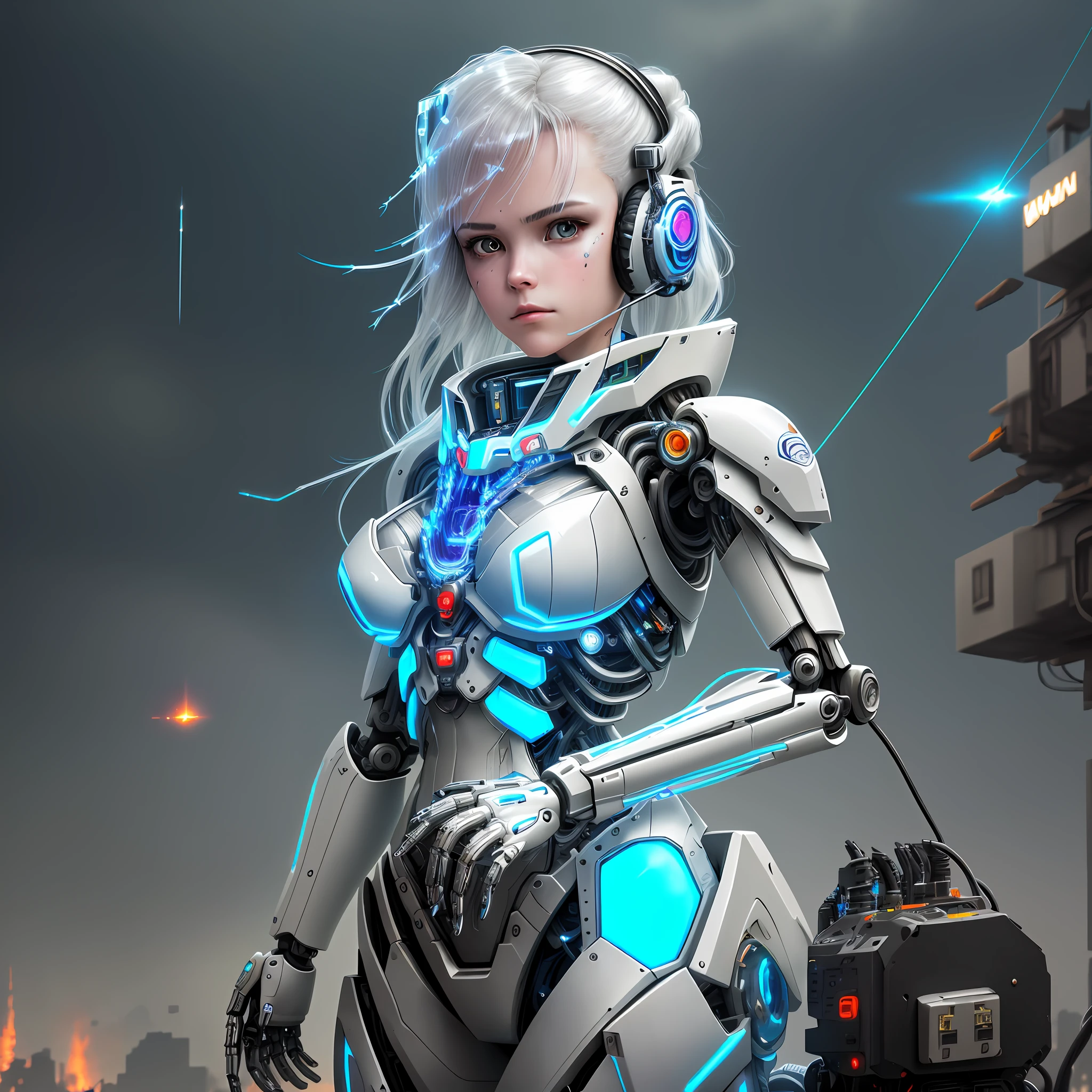 (official art, beautiful and aesthetic), (1girl:1.3), science fiction, (masterpiece, best quality, ultra detailed), complex 3d render ultra detailed of a beautiful porcelain profile woman, (white and silver cybernetic implants), (fractal art:1.1),(colored electronic cables and chips:1.3), (full of optical fiber cables that are wired in the implanted parts in the body covered translucent metallic skin:1.5),
manga influence, gun, mecha girl, full armor, ((mechanical limbs)), expressionless, biomechanical, (tired and sleepy face:0.1), dark and rainy post-apocalyptic battleground:1.3, (fire and flying ashes around background:1.2), cyberpunk, dynamic pose in a battleground:1.3, cowboy shot, headset with mic,
big breasts, ultra realistic:1.4