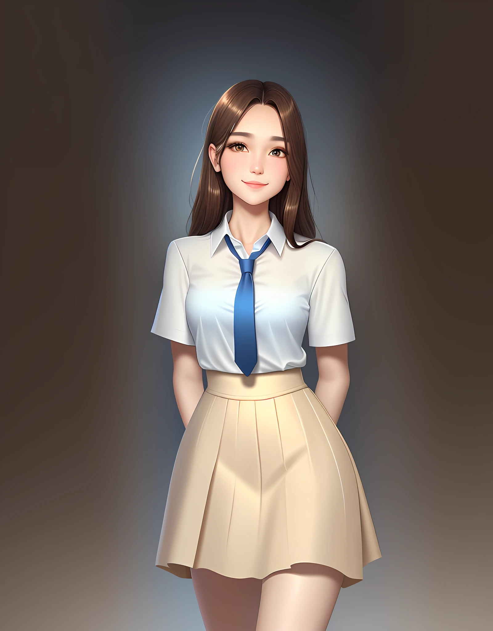 Pointed chin, siren eyes, brown eyes, brown hair, angled face, smile, white shirt, blue tie, beige skirt